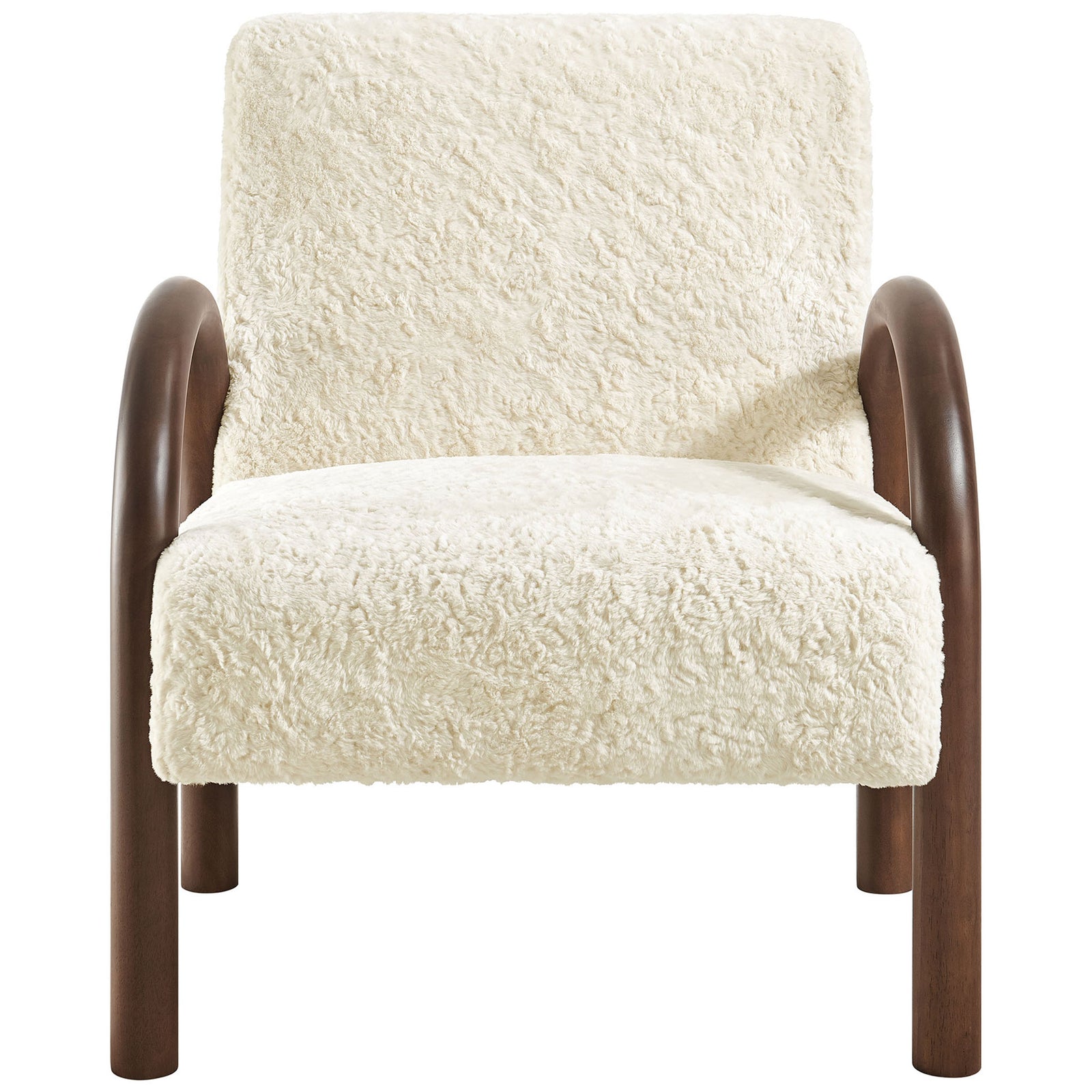 Plush faux shearling armchair with sculpted dark wood arches and inviting mid-century lines || EEI-7488-ECR || front_studio