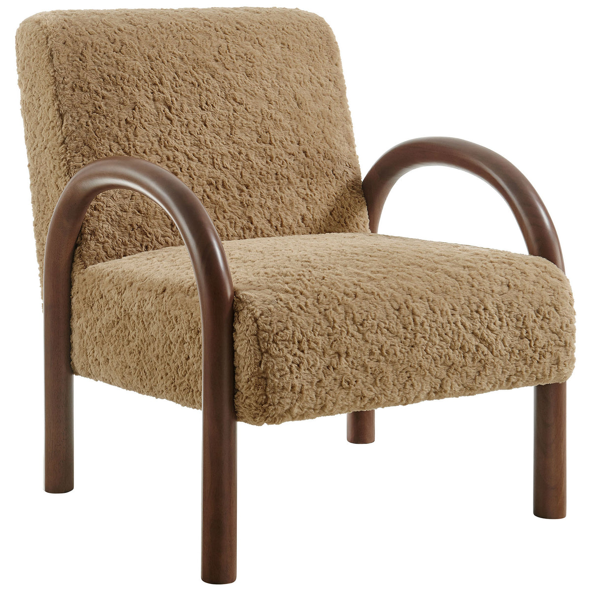 Curved wood arms flow into rounded legs around a cozy sand faux shearling seat || EEI-7488-SAN || front_angle_studio