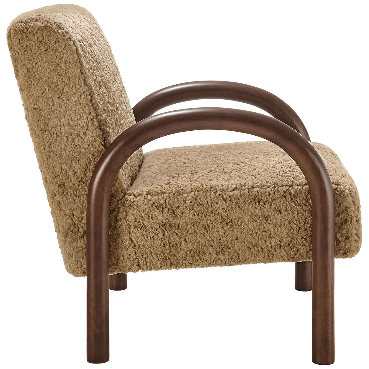 Sleek low-profile lounge chair showing smooth arched armrests and thick faux shearling cushion || EEI-7488-SAN || side_studio