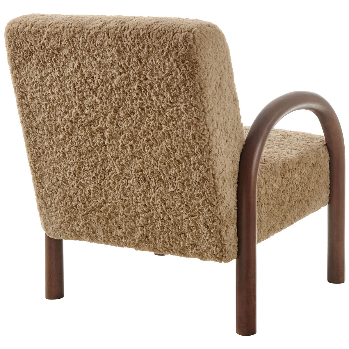 Gently rounded backrest wrapped in sand faux shearling with warm wood arches framing the profile || EEI-7488-SAN || back_angle_studio