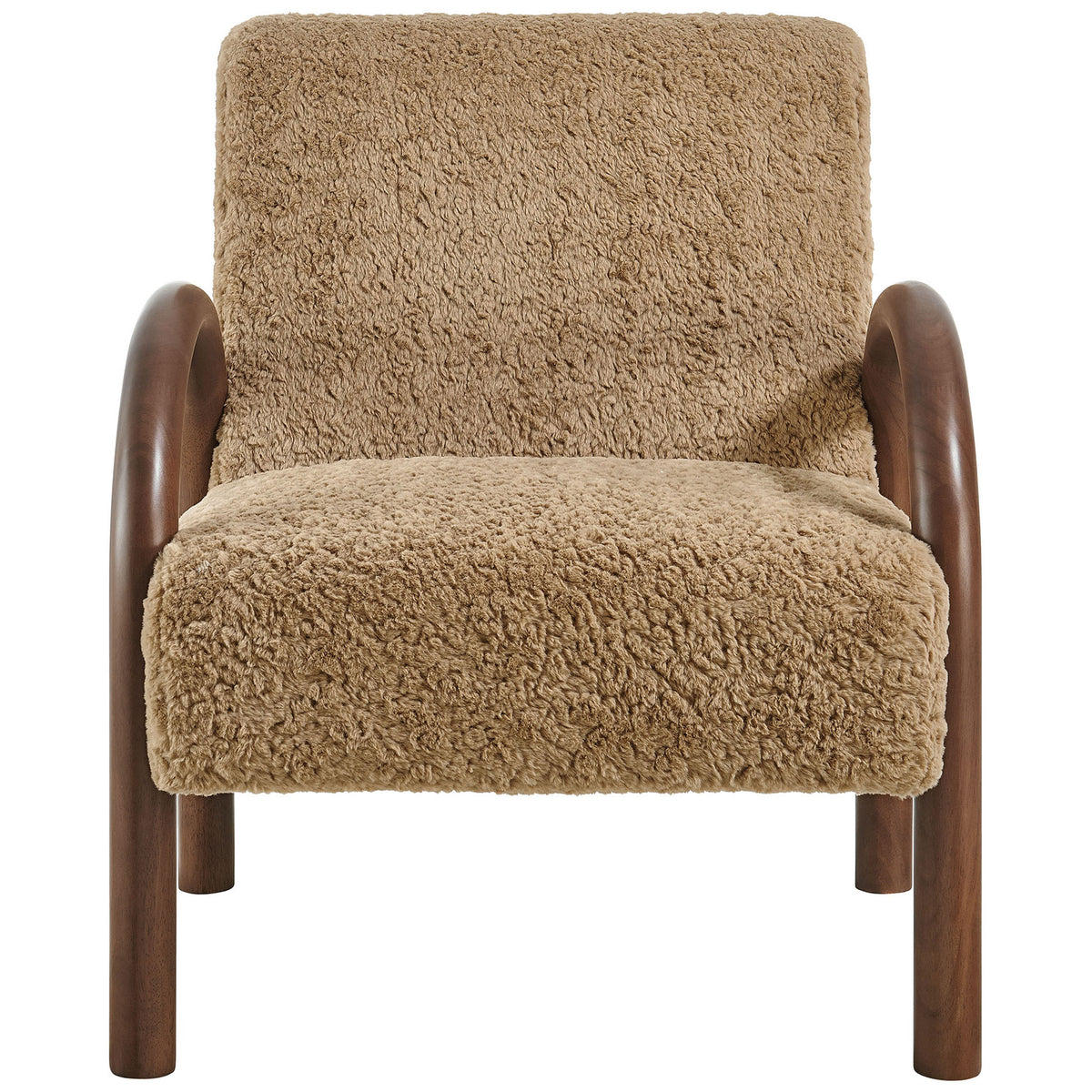 Sand faux shearling armchair with sculptural arched wood arms and a plush, supportive seat || EEI-7488-SAN || front_studio