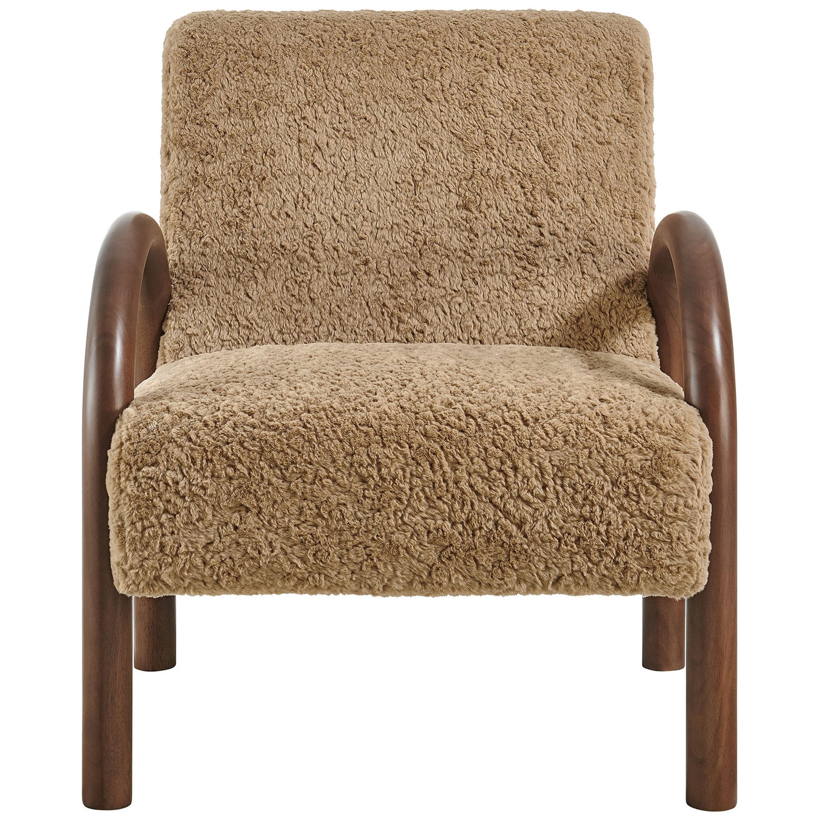 Sand faux shearling armchair with sculptural arched wood arms and a plush, supportive seat || EEI-7488-SAN || front_studio