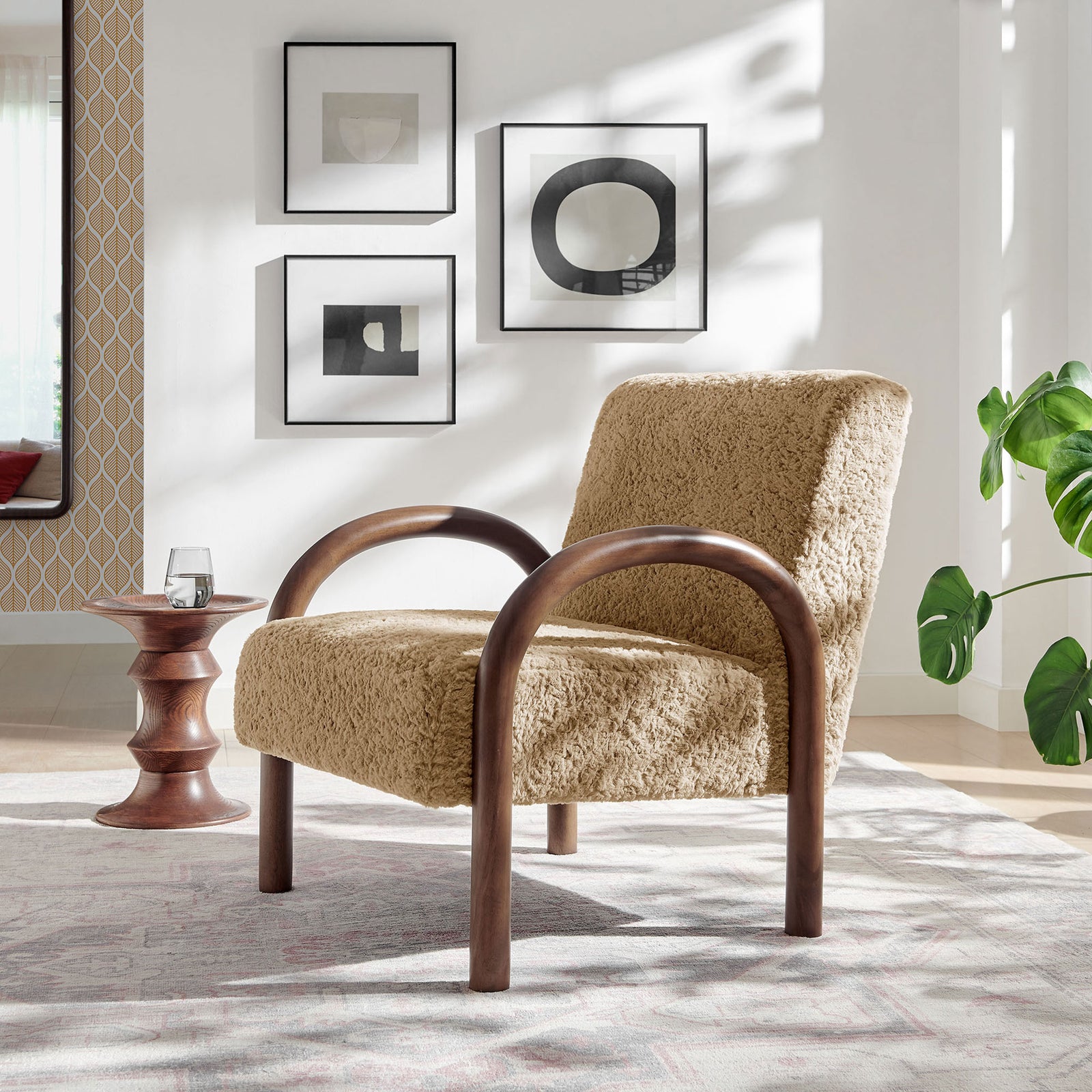Statement accent chair pairing sand faux shearling with sculptural wood arches for modern warmth || EEI-7488-SAN || front_angle_room