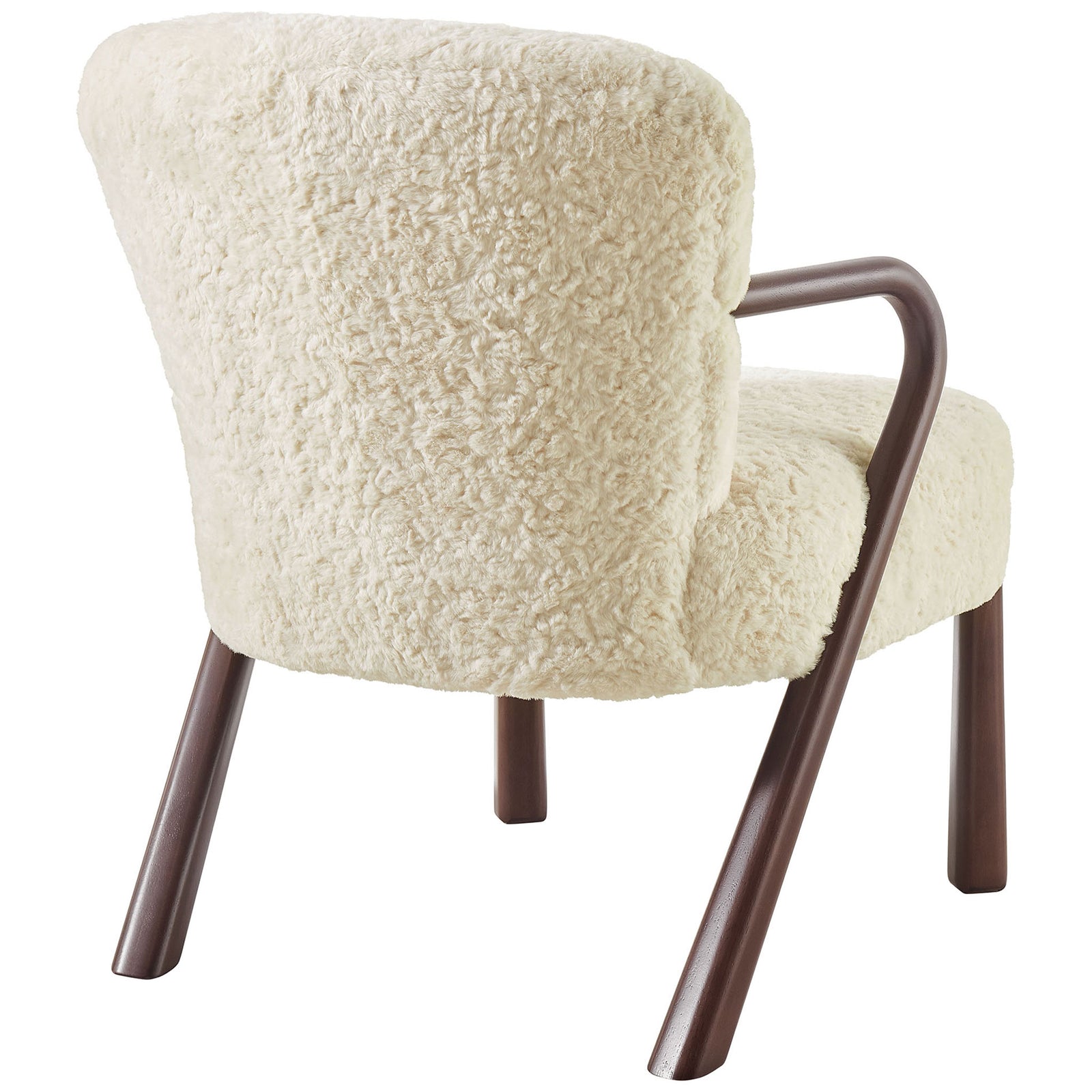 Textured faux shearling wraps the back while curved wood legs and arms create a flowing form. || EEI-7489-ECR || back_angle_studio