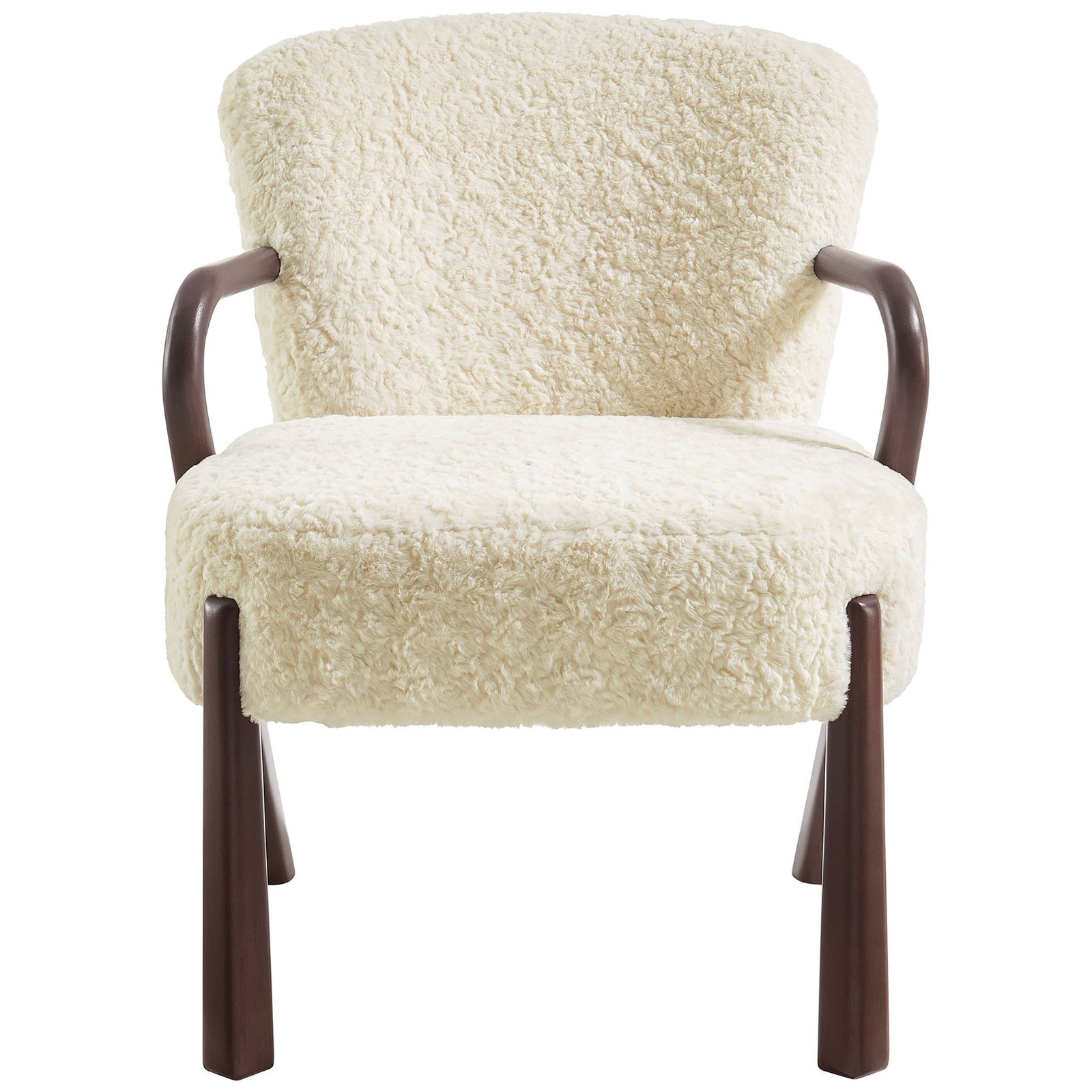 Plush faux shearling seat and back with sculpted wood arms bring cozy, modern warmth to any room. || EEI-7489-ECR || front_studio