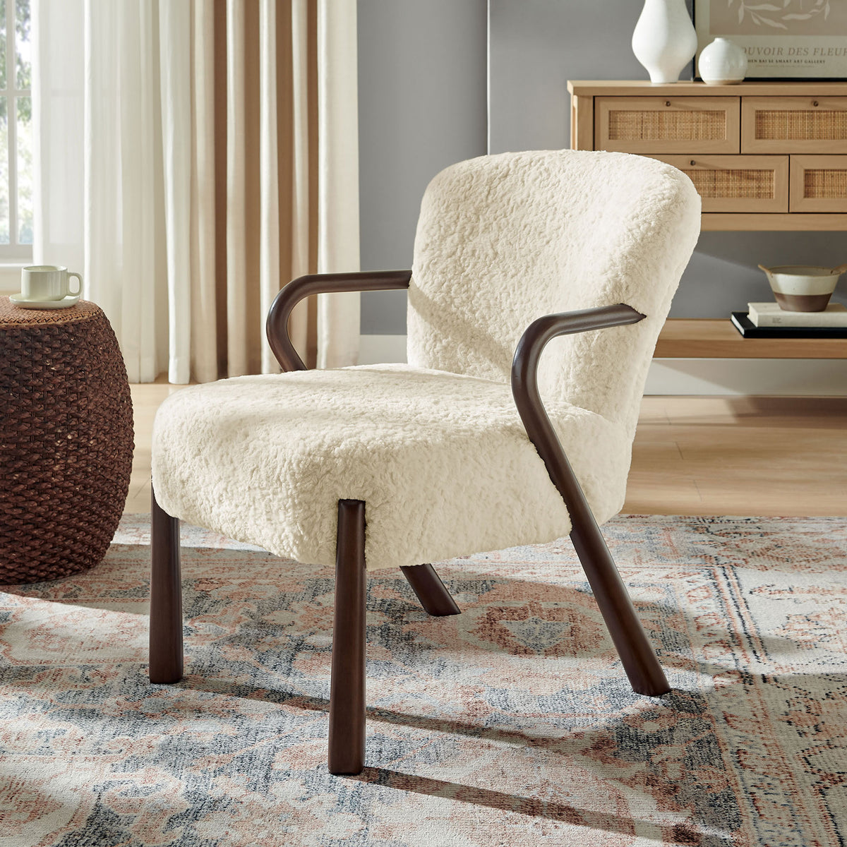 Inviting faux shearling and sculpted wood arms enhance the room with warm, modern character. || EEI-7489-ECR || front_angle_room