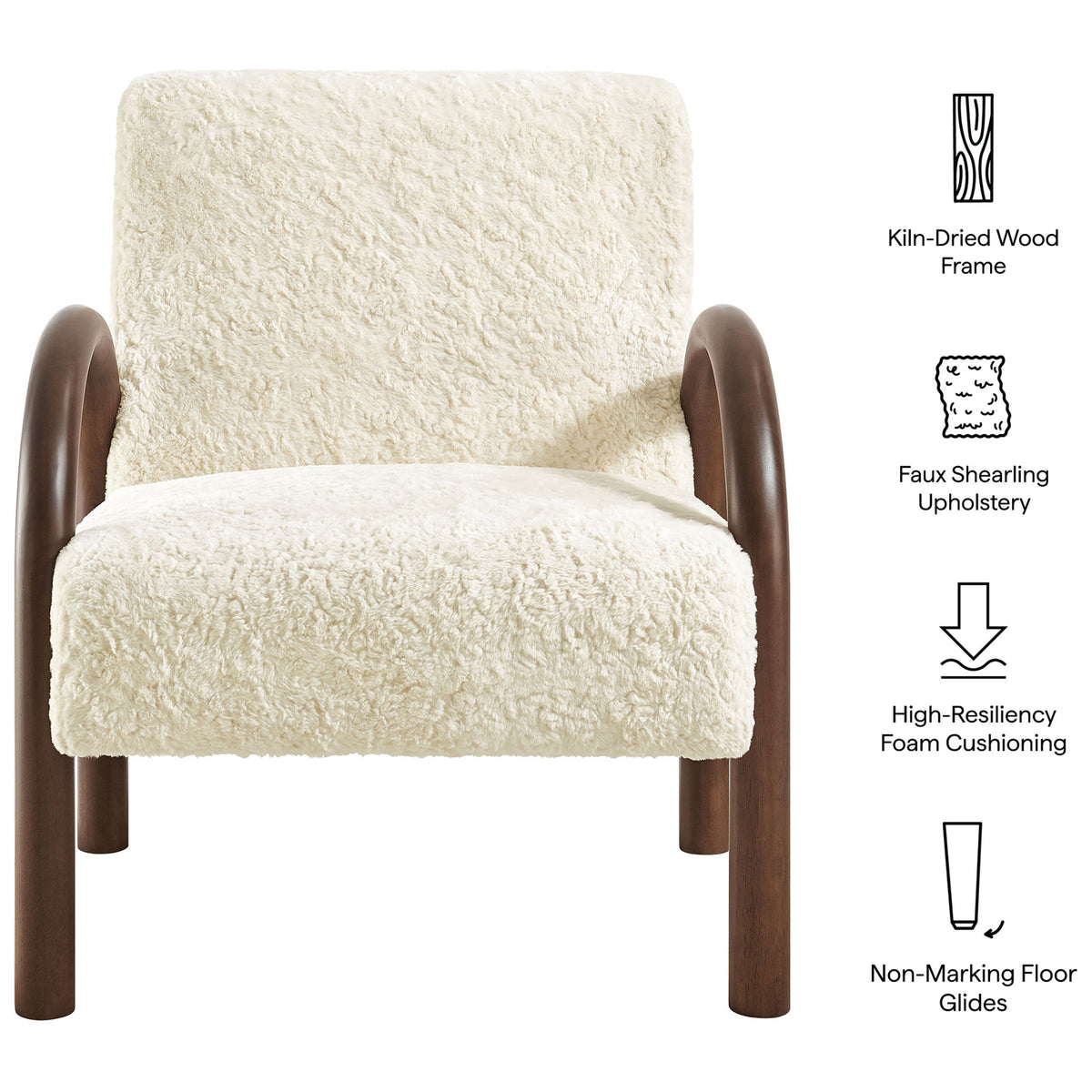 Kiln-dried wood frame, high-resiliency foam, faux shearling finish, and non-marking floor glides. || EEI-7489-ECR || callout_studio