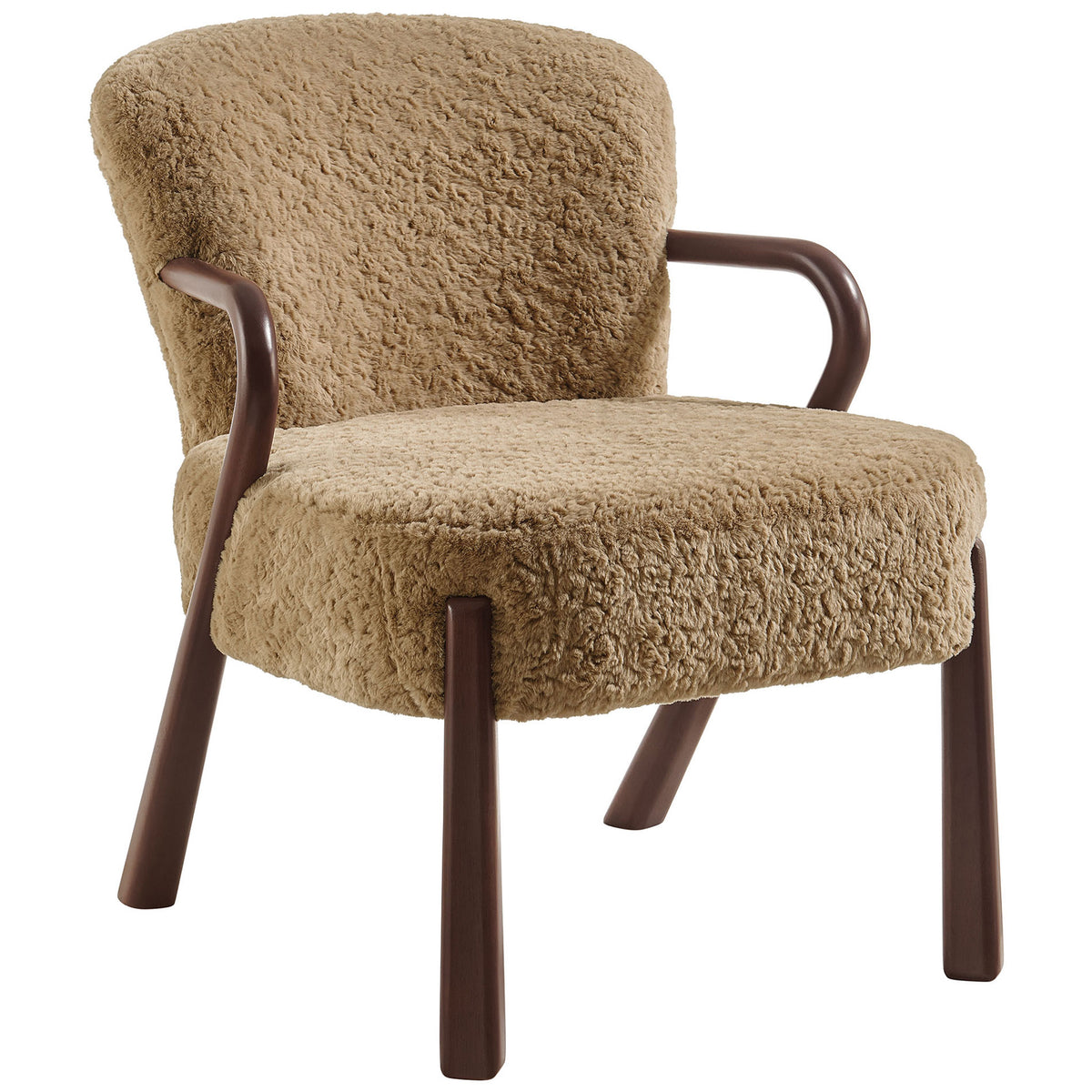 Sculptural lounge chair pairs plush faux shearling with gracefully curved wood arms and legs || EEI-7489-SAN || front_angle_studio