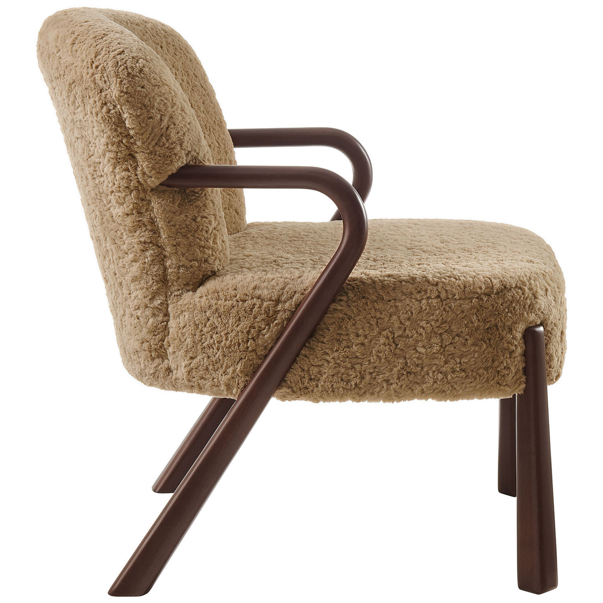 Low-profile seat and flowing wood arms create a cozy, gently reclined lounge silhouette || EEI-7489-SAN || side_studio