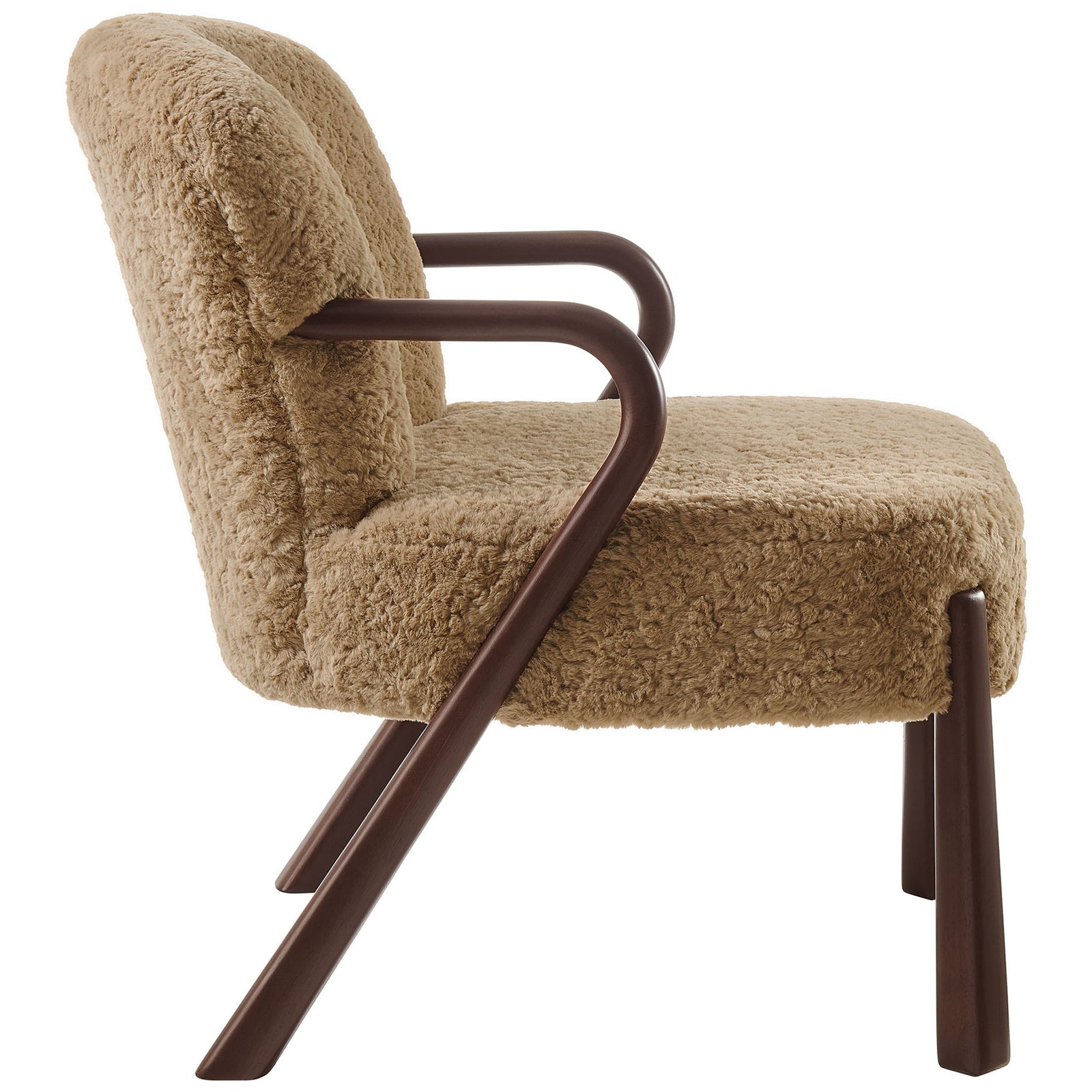 Low-profile seat and flowing wood arms create a cozy, gently reclined lounge silhouette || EEI-7489-SAN || side_studio