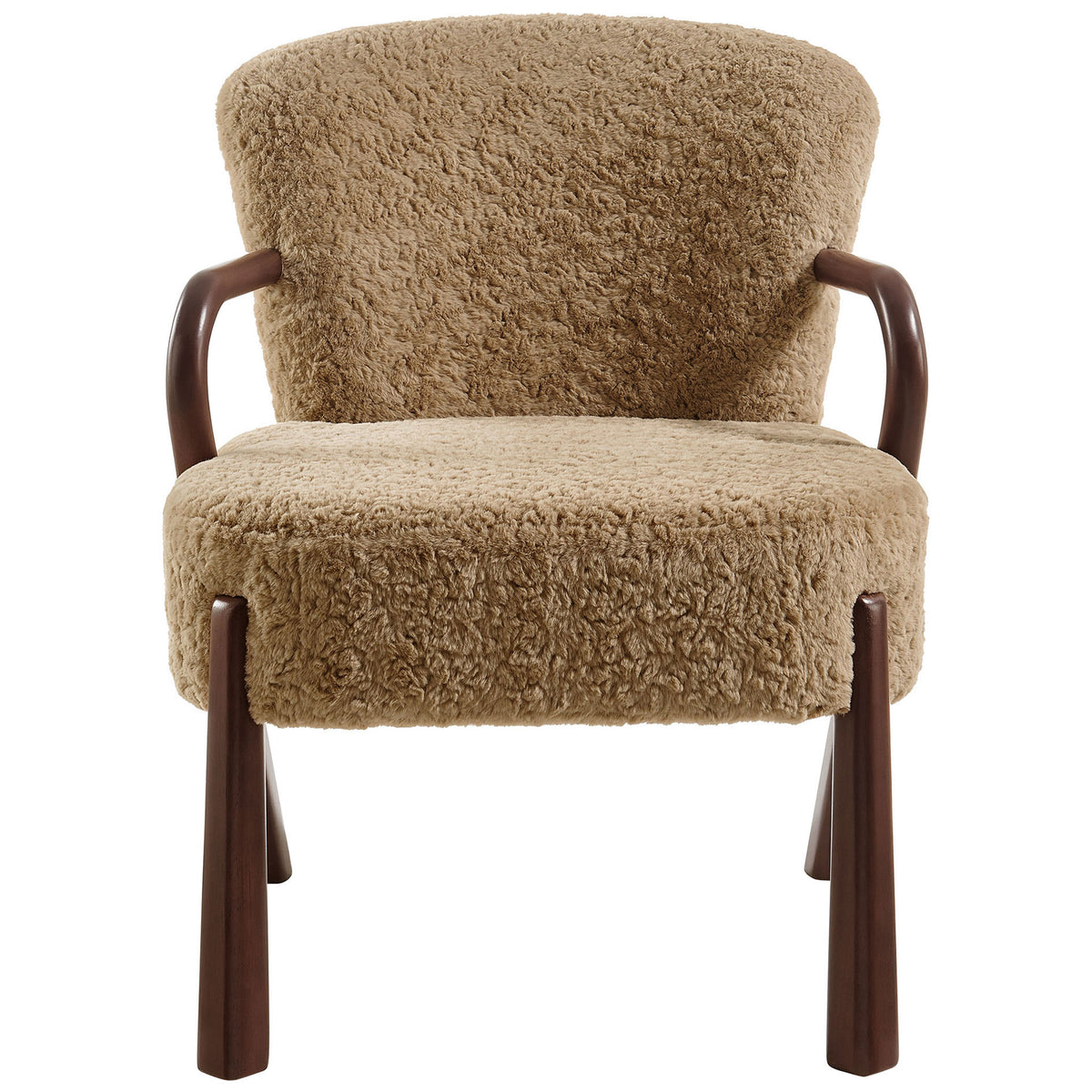 Faux shearling accent chair with arched solid wood arms and legs in a warm walnut finish || EEI-7489-SAN || front_studio