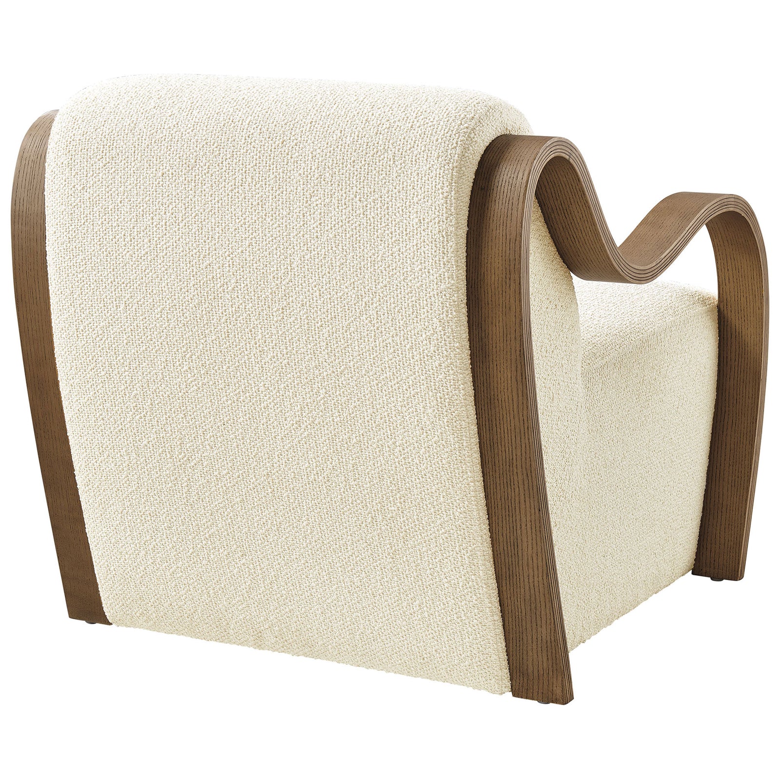 Rear curves in boucle and warm bentwood create a smooth, inviting silhouette || EEI-7490-CRE || back_angle_studio