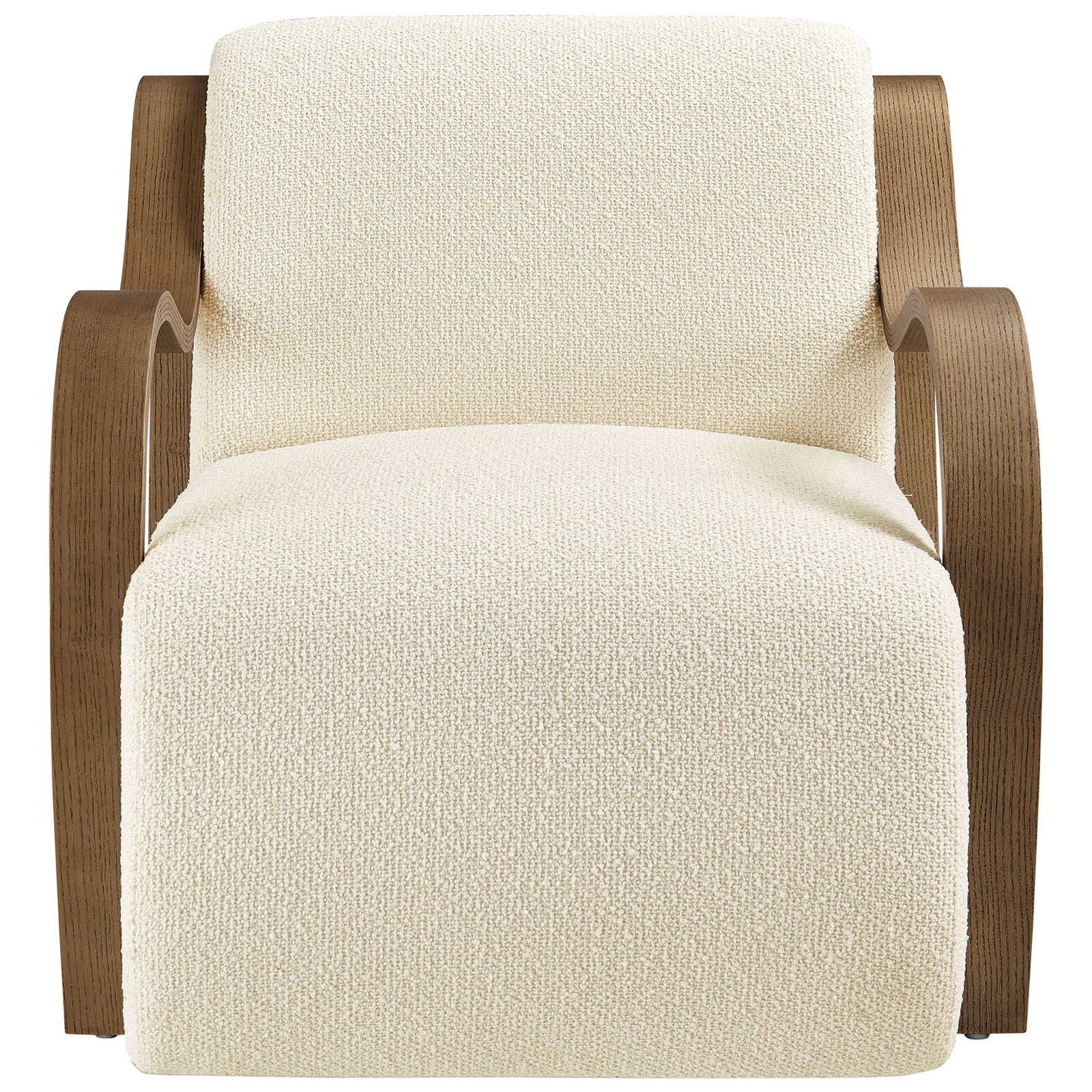 Cream boucle armchair with sculpted bentwood arms and a plush, grounded seat || EEI-7490-CRE || front_studio