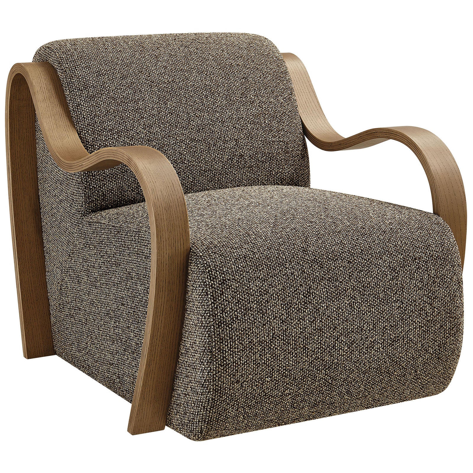 Sculptural bentwood arms frame a cozy boucle chair with a seamless seat-to-floor design. || EEI-7490-ETH || front_angle_studio