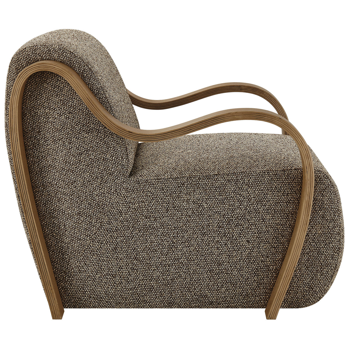 Flowing profile showcases the curved bentwood arms and low, lounge-ready seat. || EEI-7490-ETH || side_studio