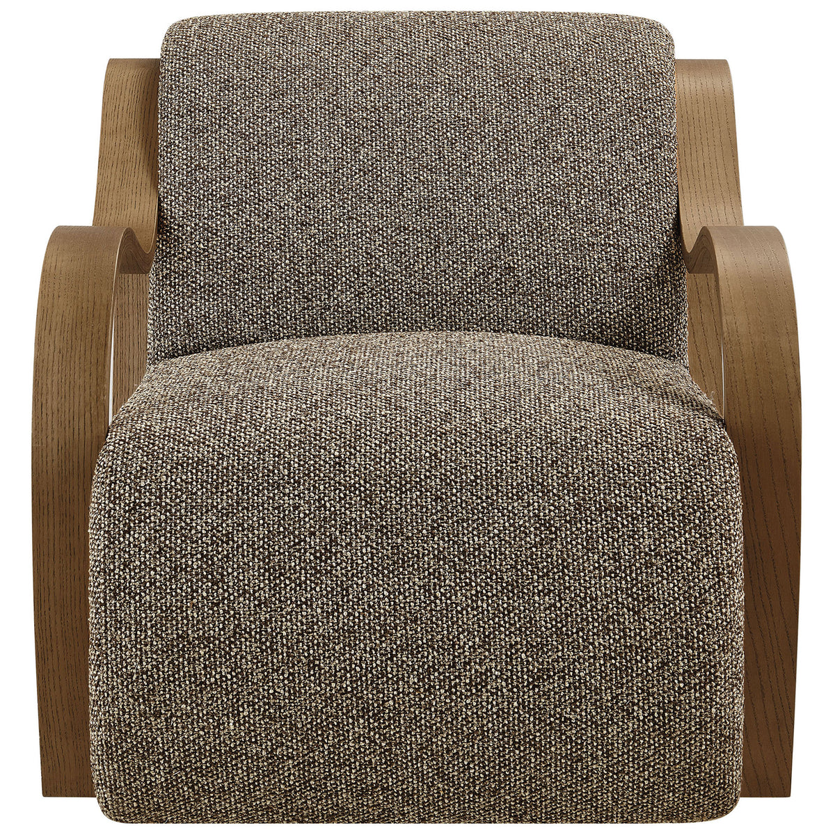 Grounded silhouette with plush seat and lattice boucle upholstery in earth brown. || EEI-7490-ETH || front_studio