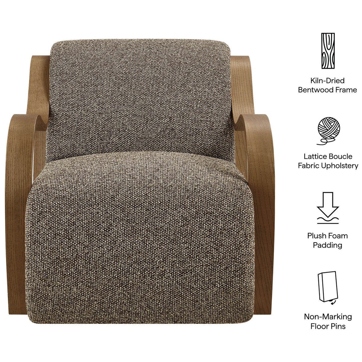 Features include kiln-dried bentwood arms, lattice boucle upholstery, plush foam, and floor-friendly pins. || EEI-7490-ETH || callout_studio