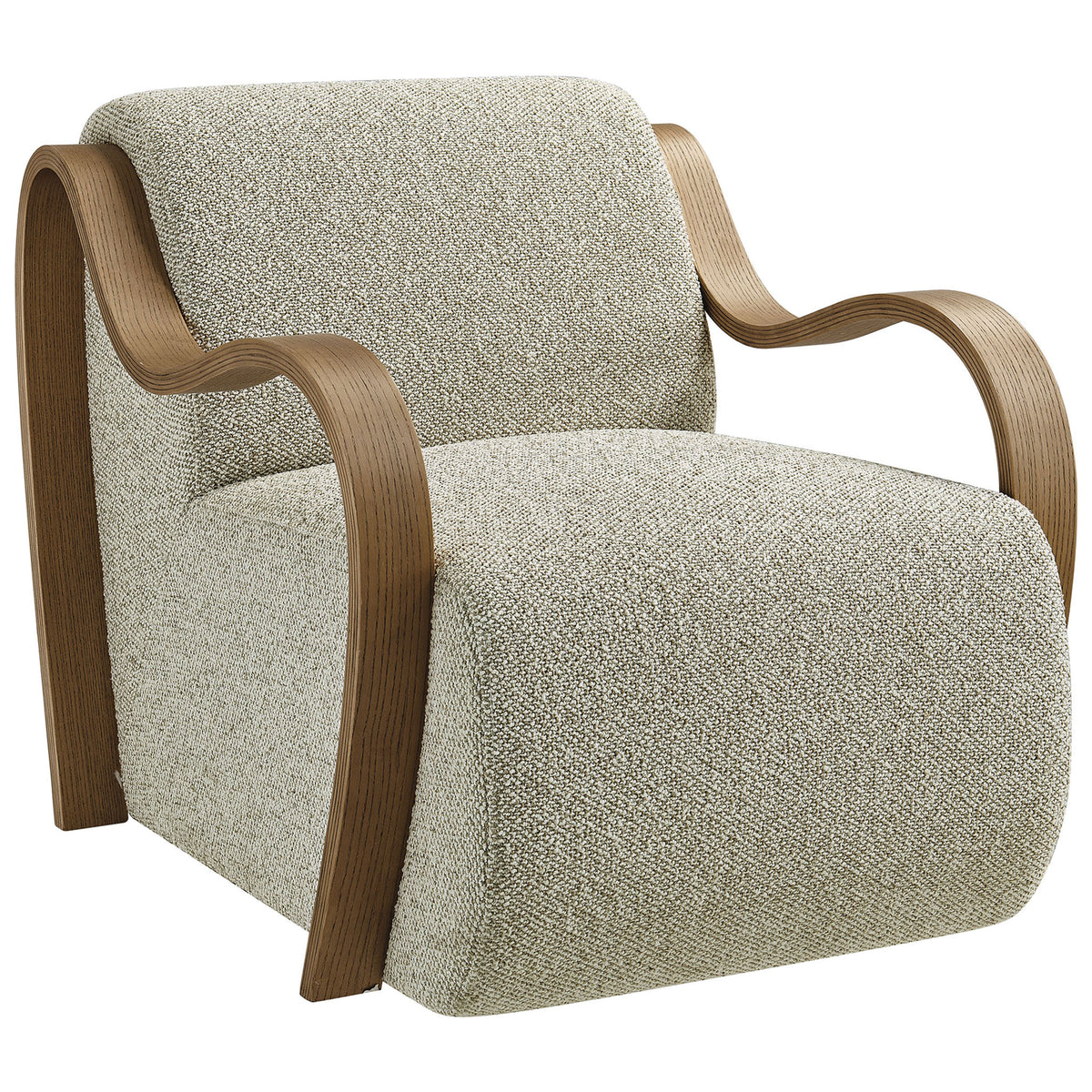 Textured lattice boucle and a flowing seat-to-floor silhouette pair with warm bentwood arms for cozy style || EEI-7490-MRB || front_angle_studio