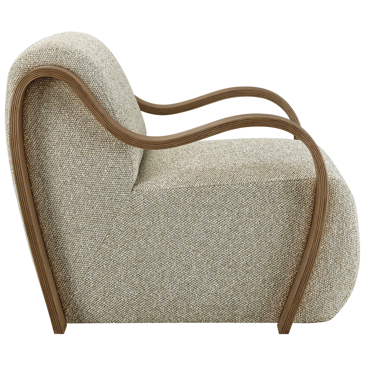 Low-profile lounge chair showcasing elegant arched bentwood arms and a continuous, grounded seat design || EEI-7490-MRB || side_studio