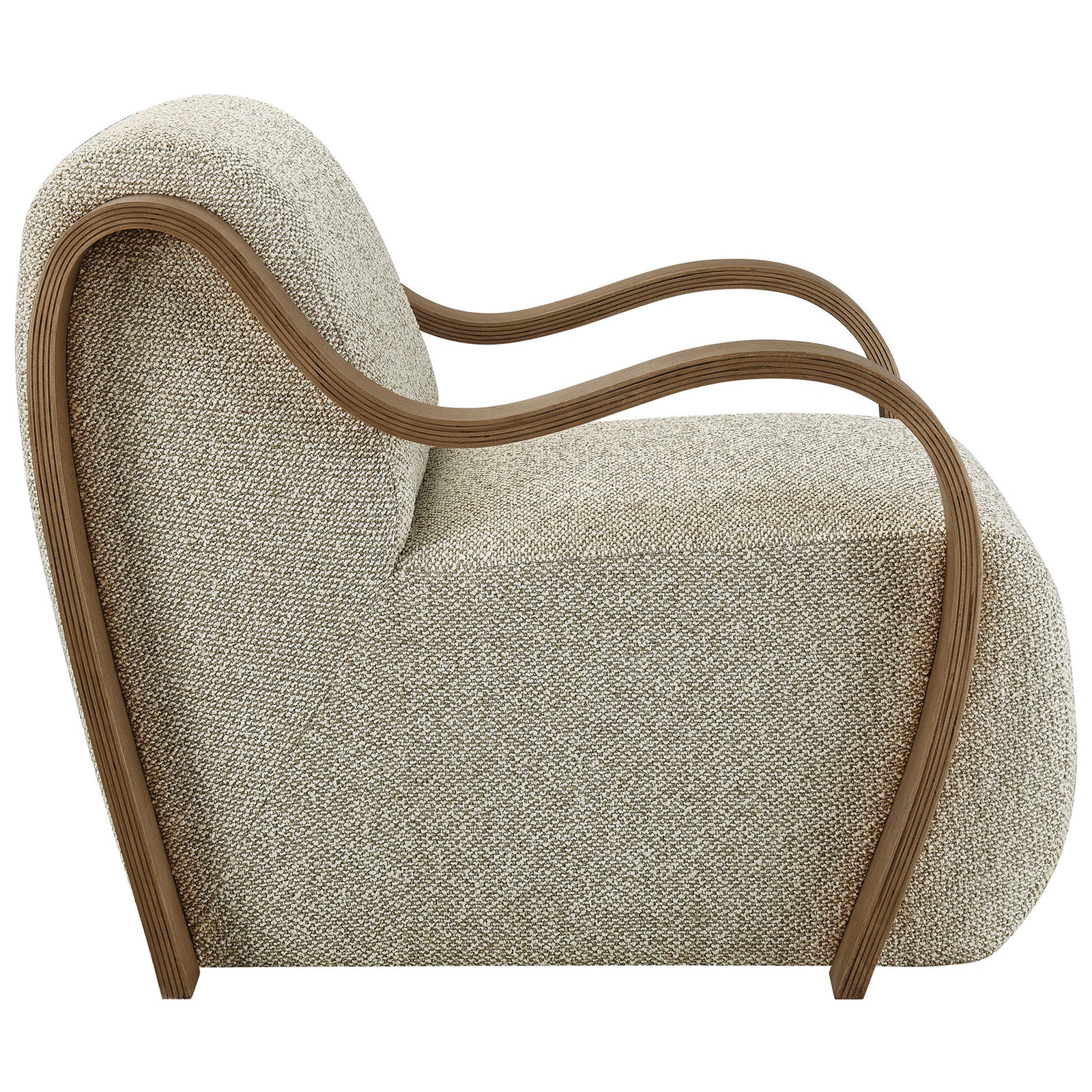Low-profile lounge chair showcasing elegant arched bentwood arms and a continuous, grounded seat design || EEI-7490-MRB || side_studio