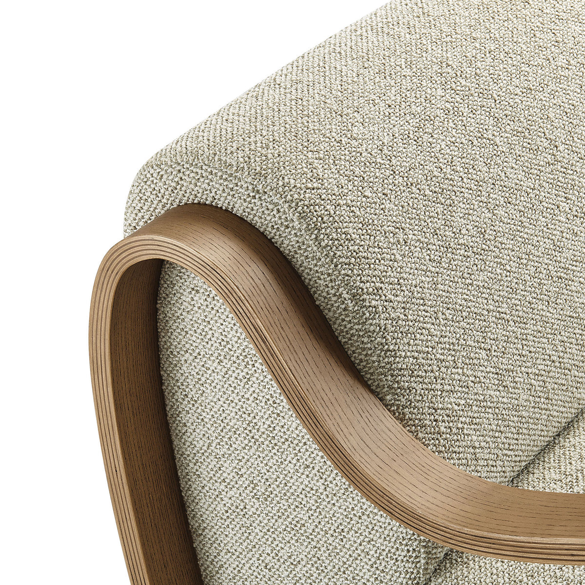 Lattice boucle fabric with tactile dimension contrasts beautifully with layered grain of curved bentwood arms || EEI-7490-MRB || detail_studio
