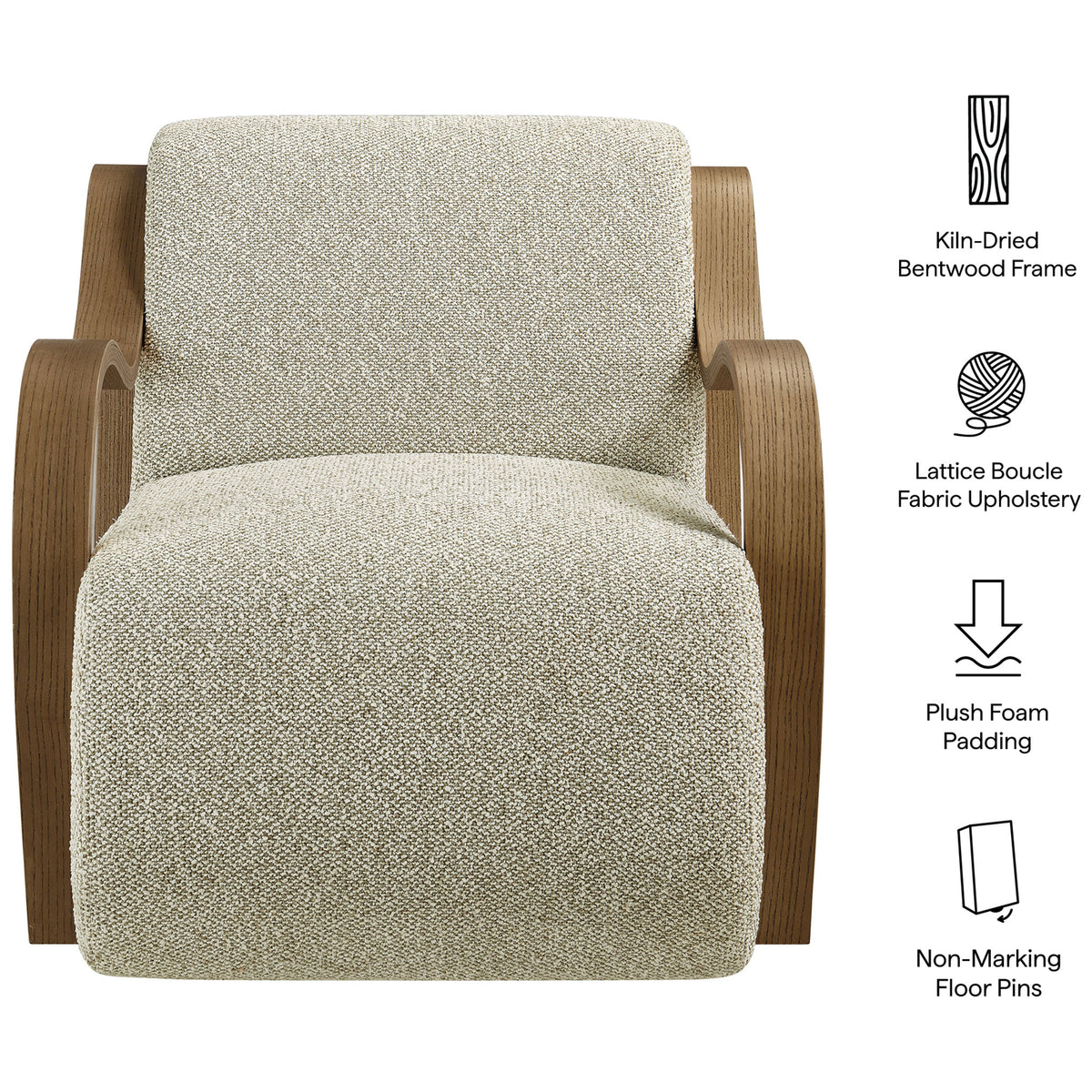 Kiln-dried bentwood frame, lattice boucle upholstery, and plush foam comfort for everyday lounging || EEI-7490-MRB || callout_studio