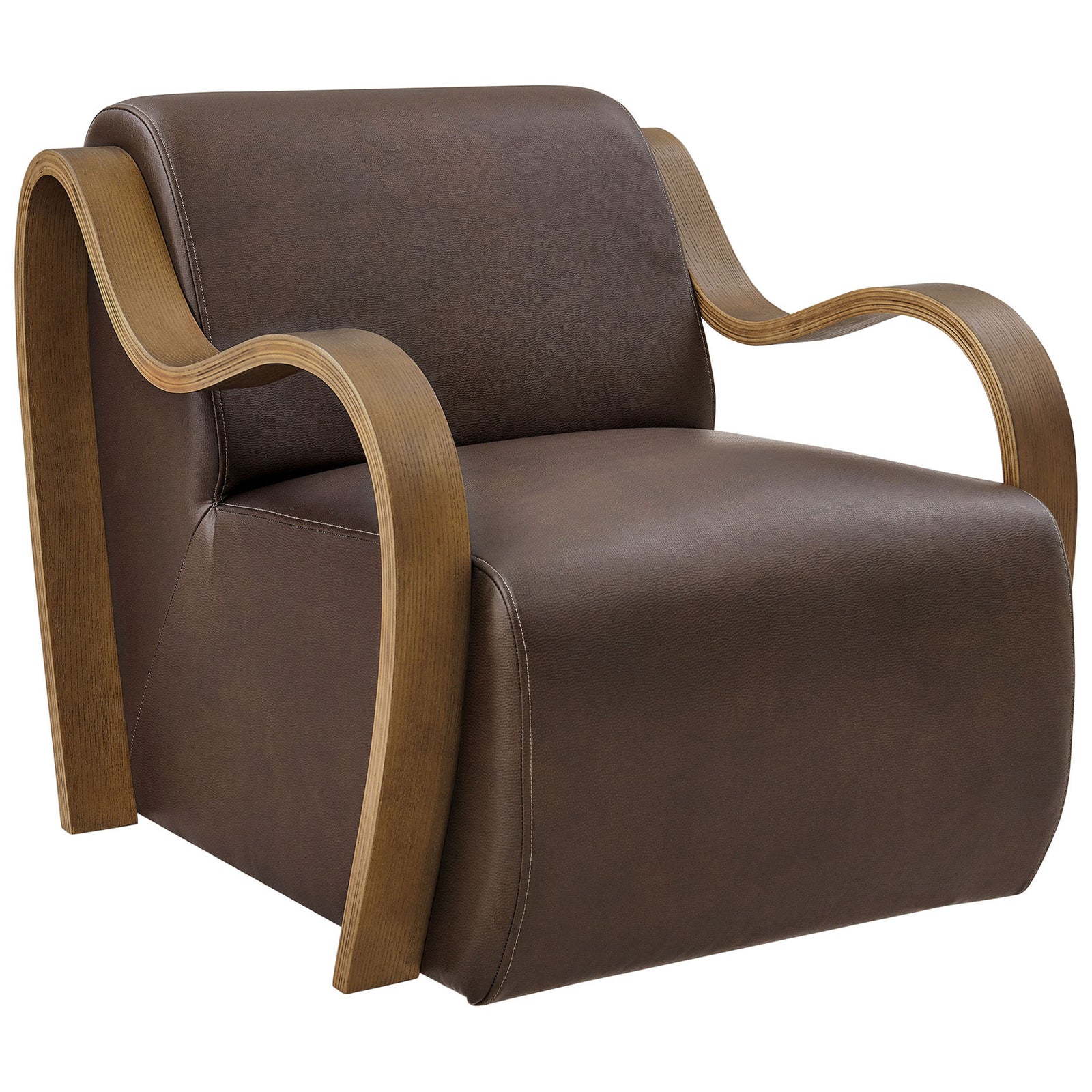 Curved bentwood arms frame the espresso vegan leather Atrium chair with a generously cushioned seat || EEI-7491-ESP || front_angle_studio