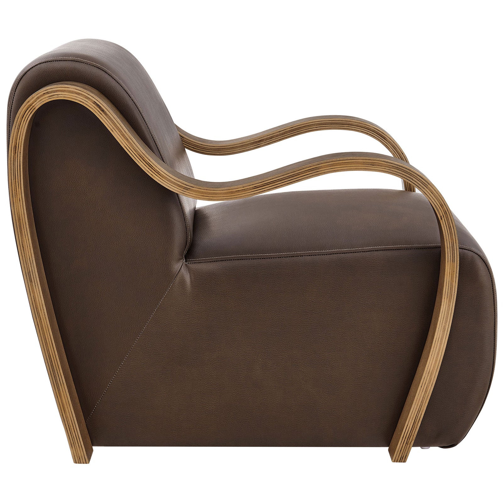 Graceful wave arms and a grounded, floor-to-seat silhouette define this espresso vegan leather lounge chair || EEI-7491-ESP || side_studio