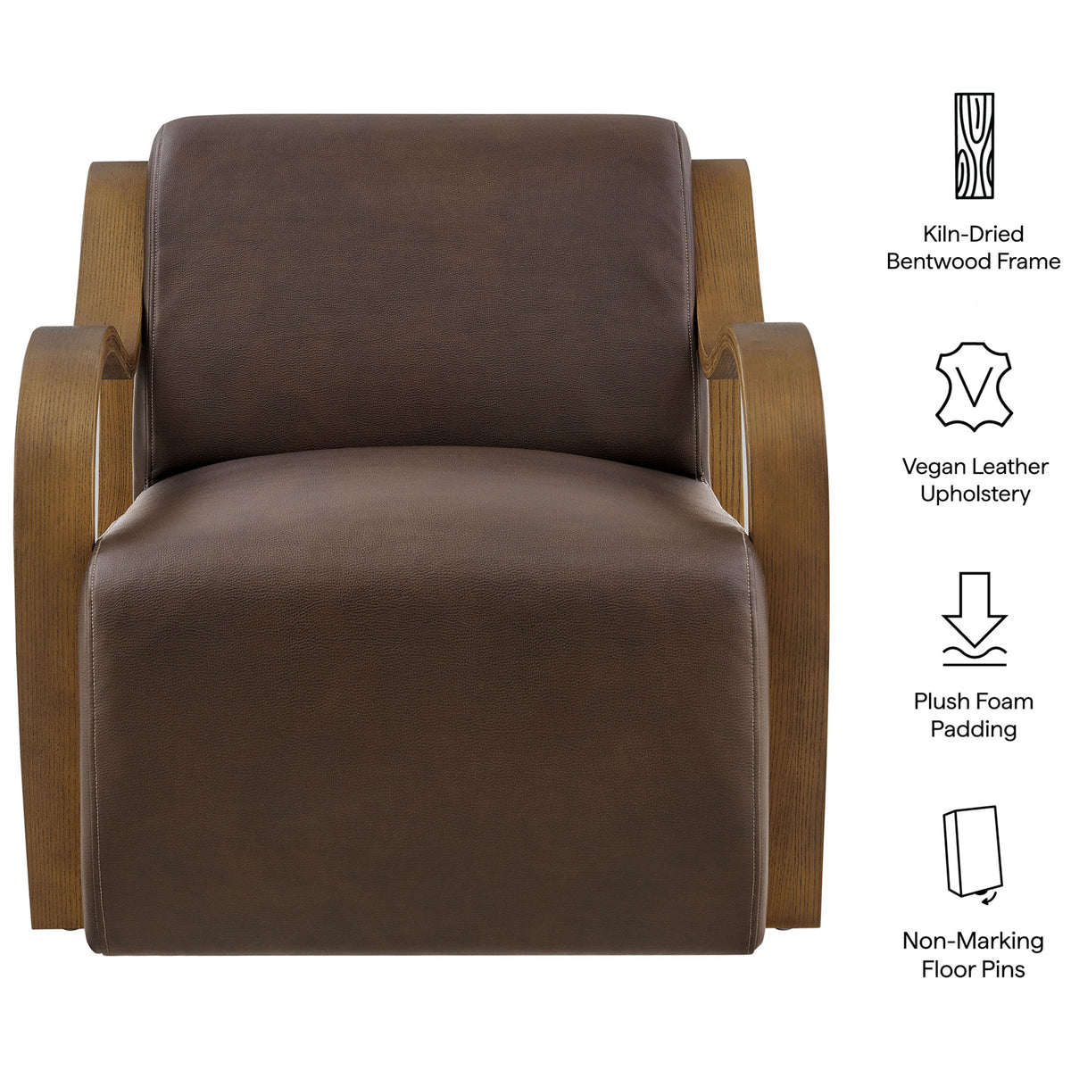 Kiln-dried bentwood arms, pebbled vegan leather, and plush foam padding with non-marking floor pins || EEI-7491-ESP || callout_studio