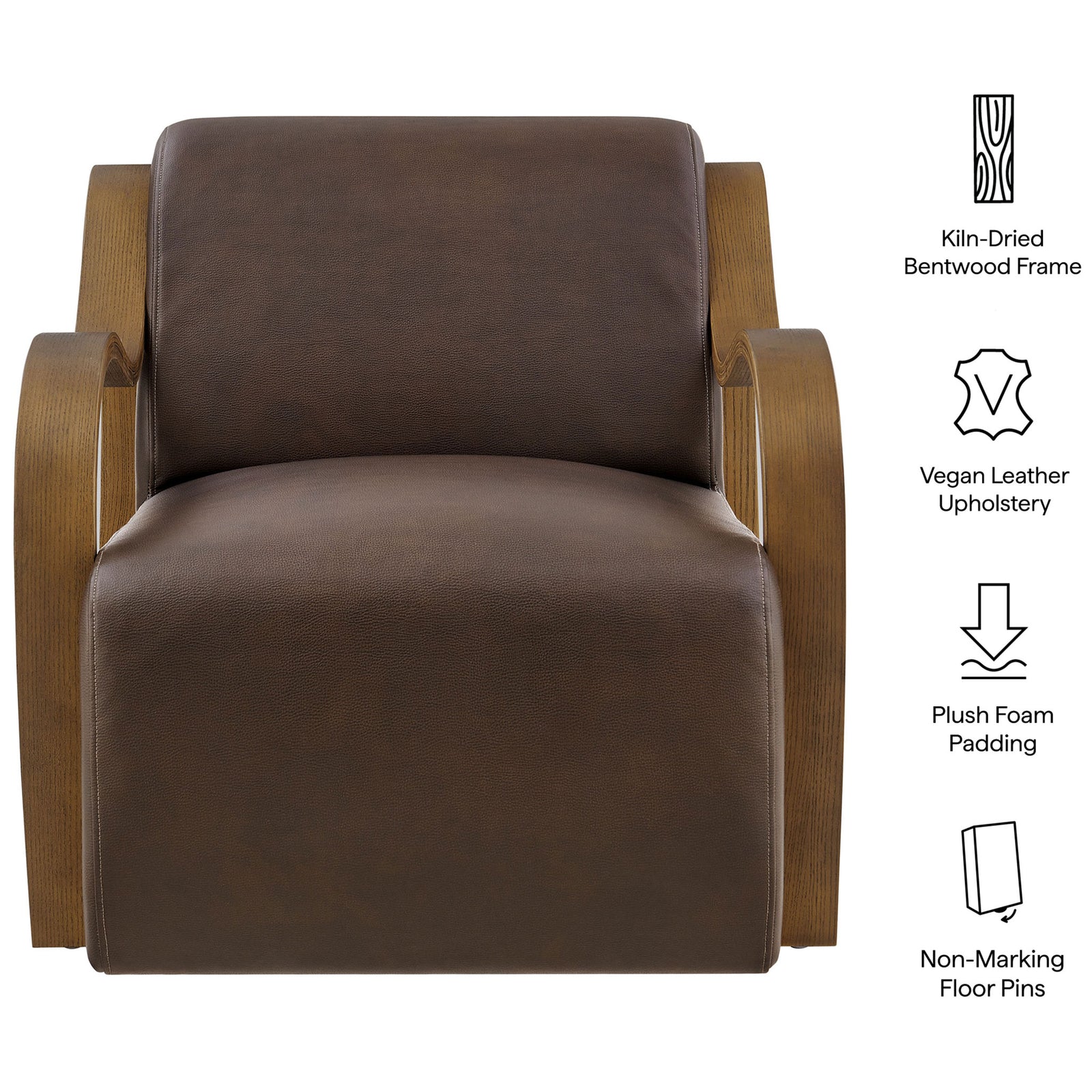 Kiln-dried bentwood arms, pebbled vegan leather, and plush foam padding with non-marking floor pins || EEI-7491-ESP || callout_studio