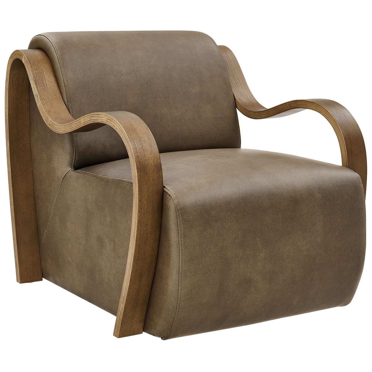 Pebbled vegan leather lounge chair in mushroom with sweeping bentwood arms and a grounded, plush silhouette. || EEI-7491-MUS || front_angle_studio