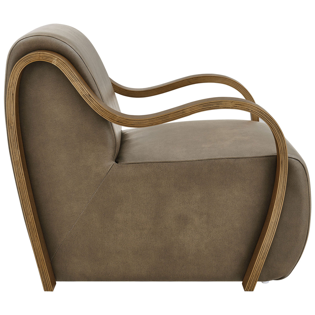 Low-profile accent chair featuring flowing bentwood armrests and smooth mushroom vegan leather upholstery. || EEI-7491-MUS || side_studio