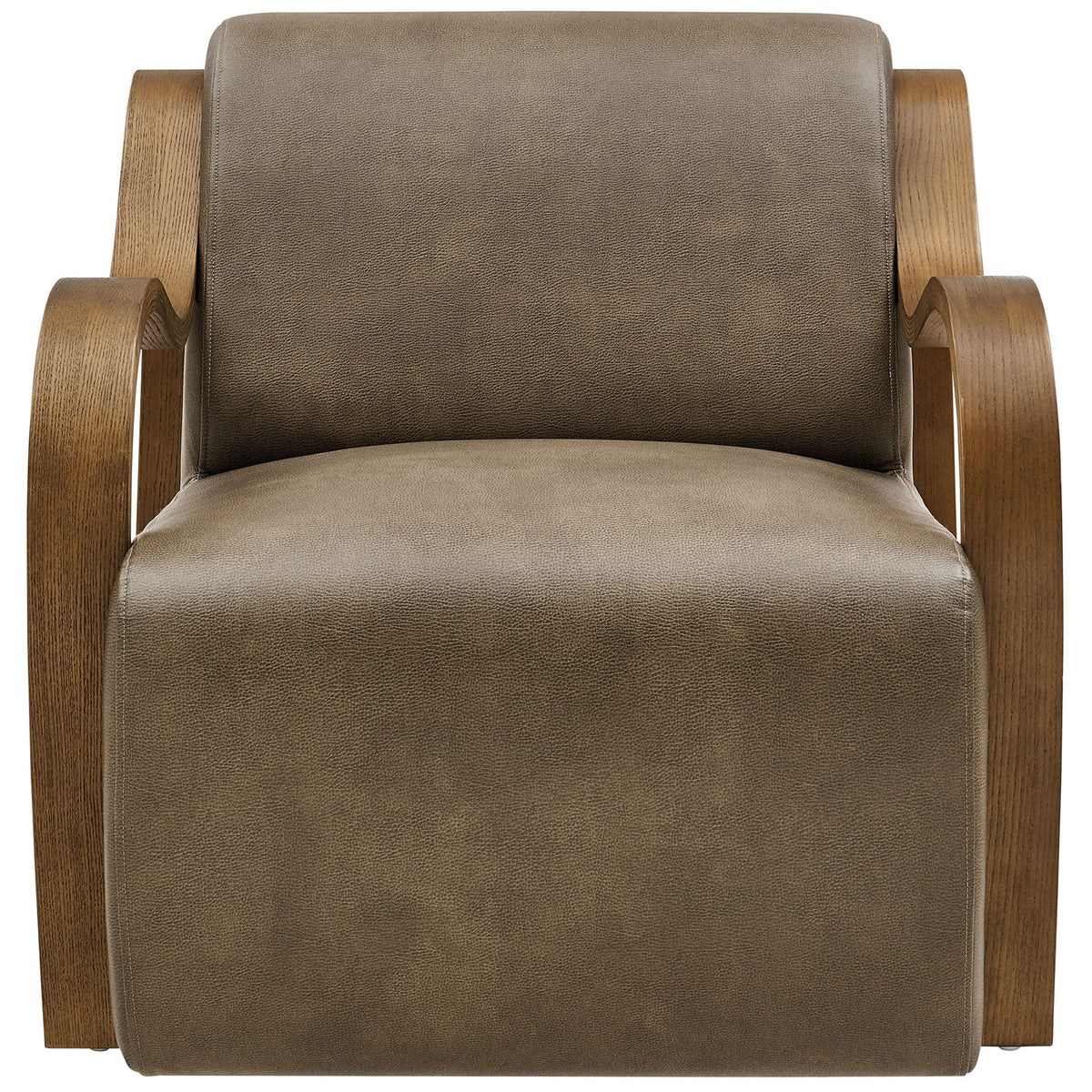 Sculptural armchair in mushroom vegan leather with curved seat and bentwood arms for a bold, modern profile. || EEI-7491-MUS || front_studio