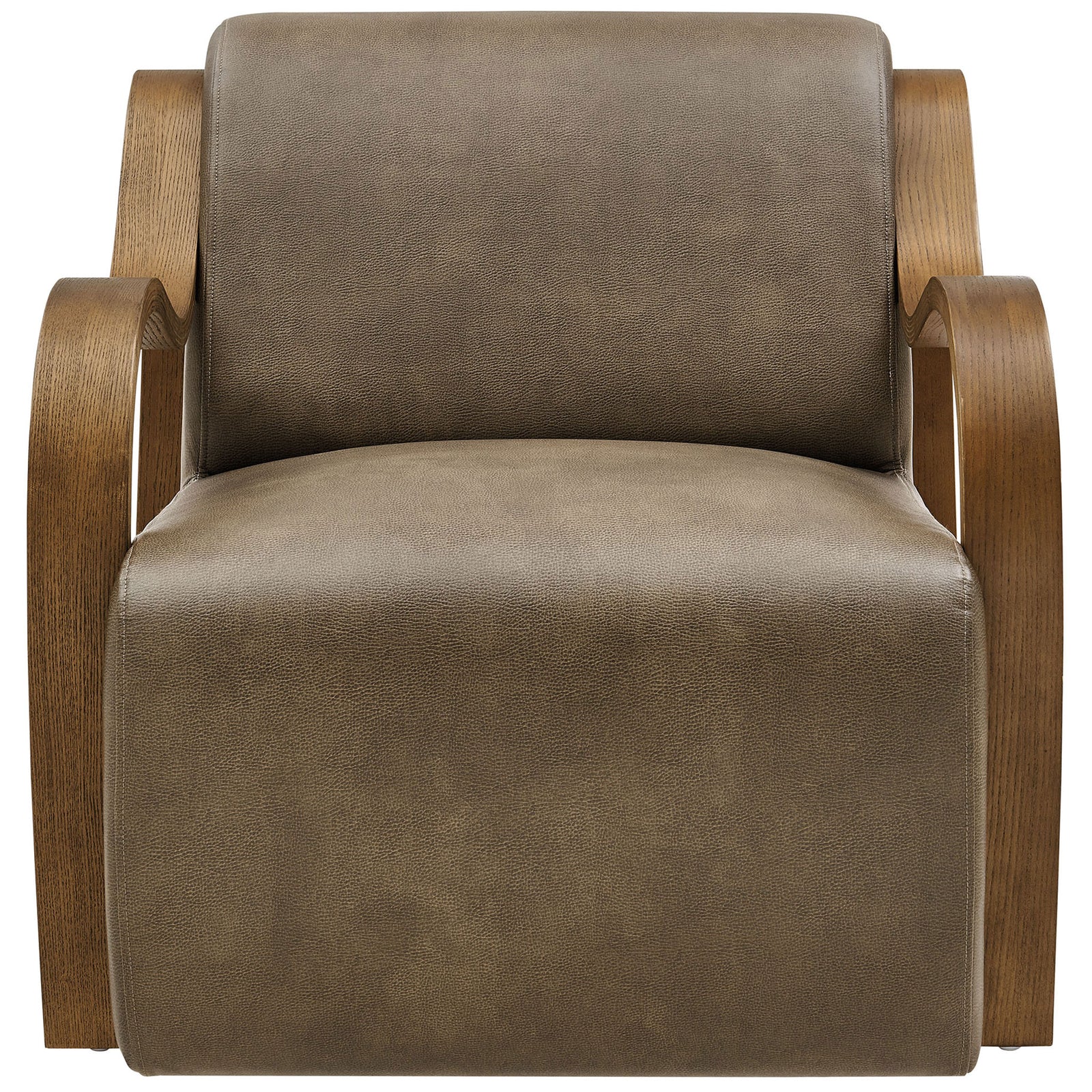 Sculptural armchair in mushroom vegan leather with curved seat and bentwood arms for a bold, modern profile. || EEI-7491-MUS || front_studio