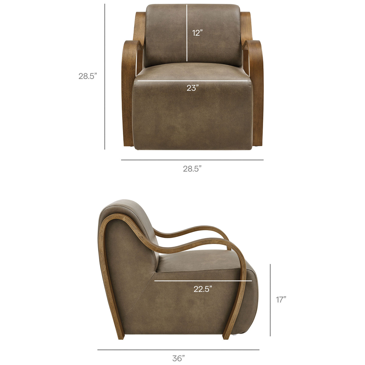 Dimensions shown for the Atrium armchair to help plan fit and scale in your space. || EEI-7491-MUS || dimension_studio