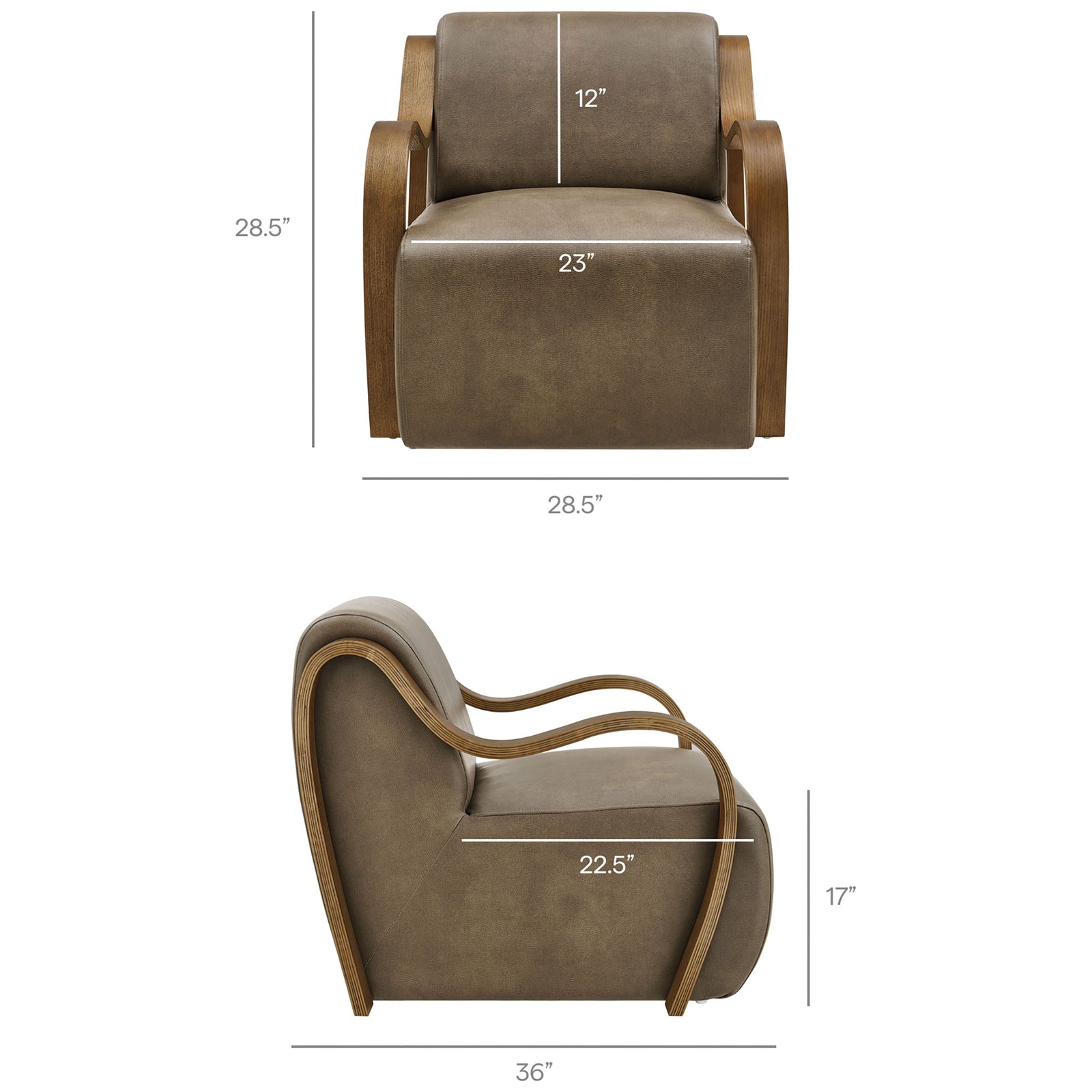 Dimensions shown for the Atrium armchair to help plan fit and scale in your space. || EEI-7491-MUS || dimension_studio