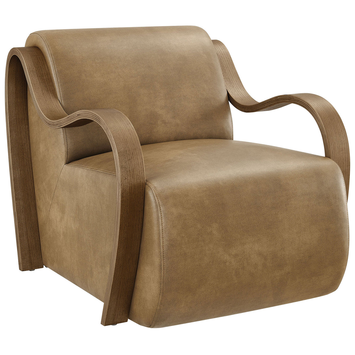 Sculptural lounge chair with pebbled vegan leather in toast and elegant curved wood arms || EEI-7491-TST || front_angle_studio