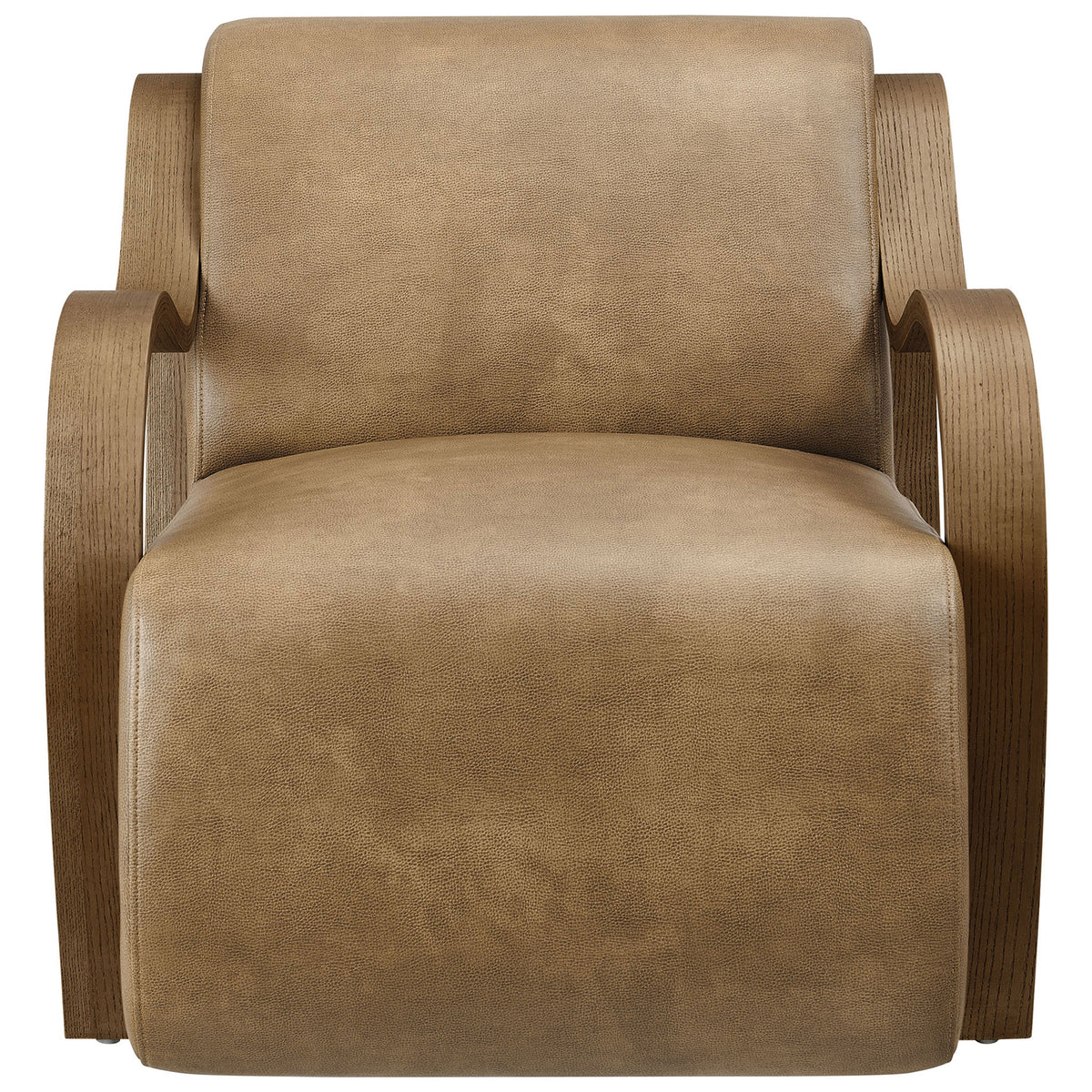 Curved vegan leather accent chair in toast with sweeping bentwood arms and a plush, grounded silhouette || EEI-7491-TST || front_studio