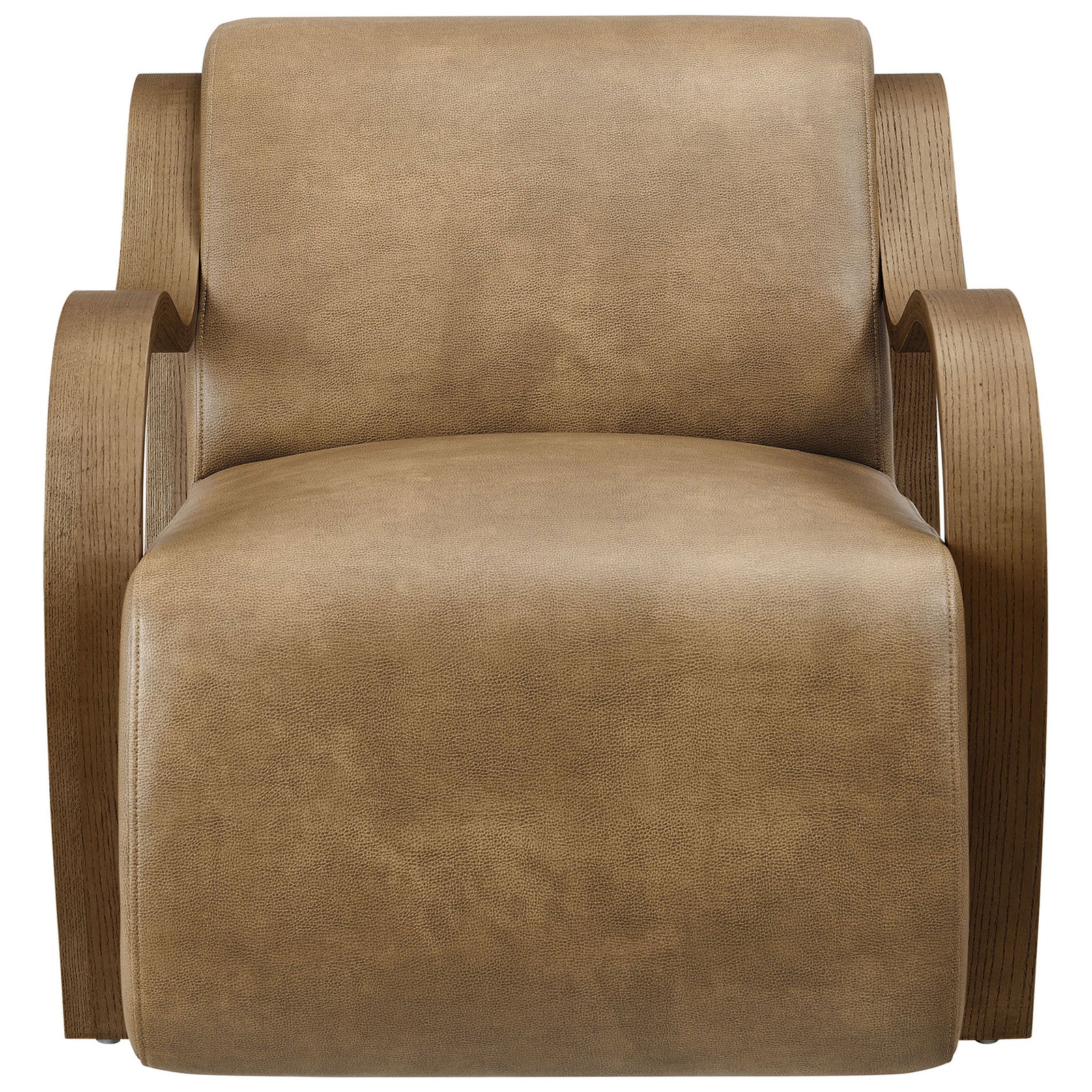 Curved vegan leather accent chair in toast with sweeping bentwood arms and a plush, grounded silhouette || EEI-7491-TST || front_studio