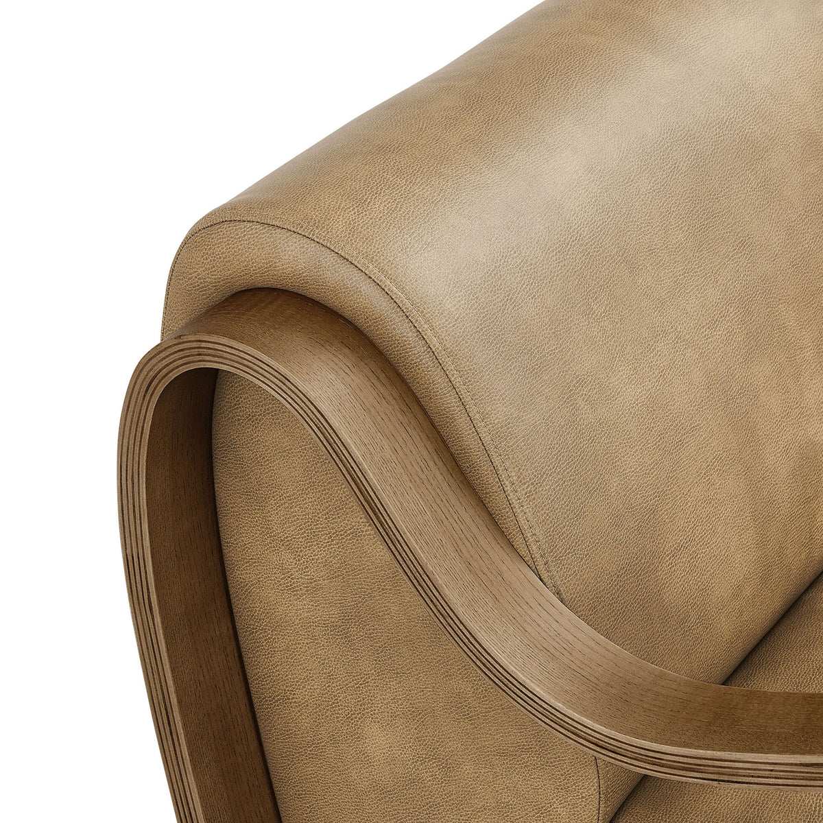 Bentwood arm detail with layered grain and smooth curves against pebbled vegan leather upholstery || EEI-7491-TST || detail_studio