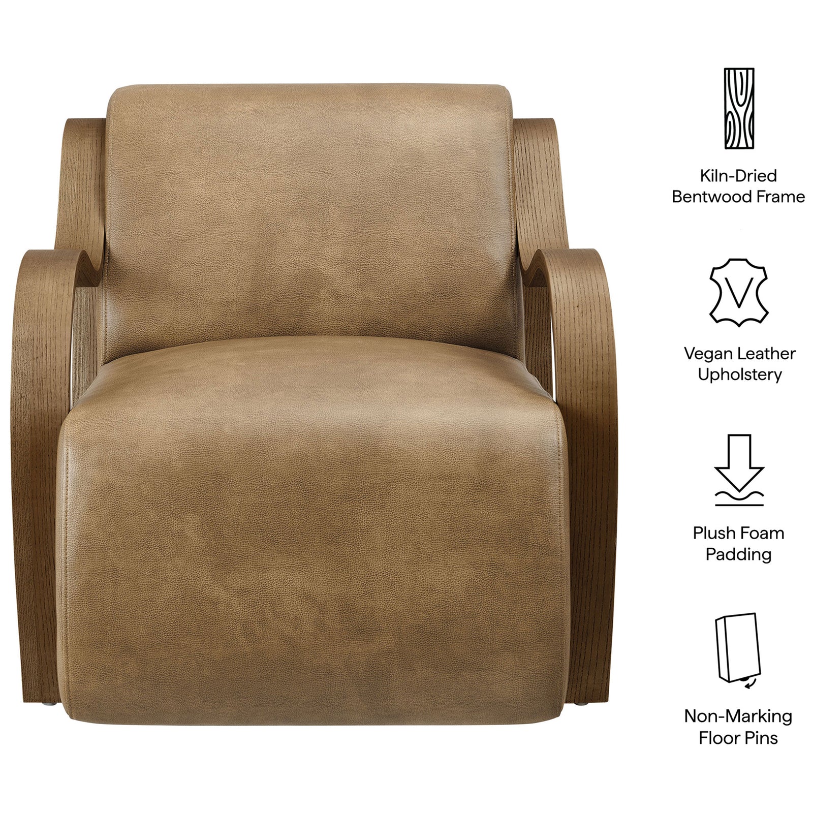 Feature highlights include kiln-dried bentwood frame, vegan leather upholstery, and plush foam cushioning || EEI-7491-TST || callout_studio