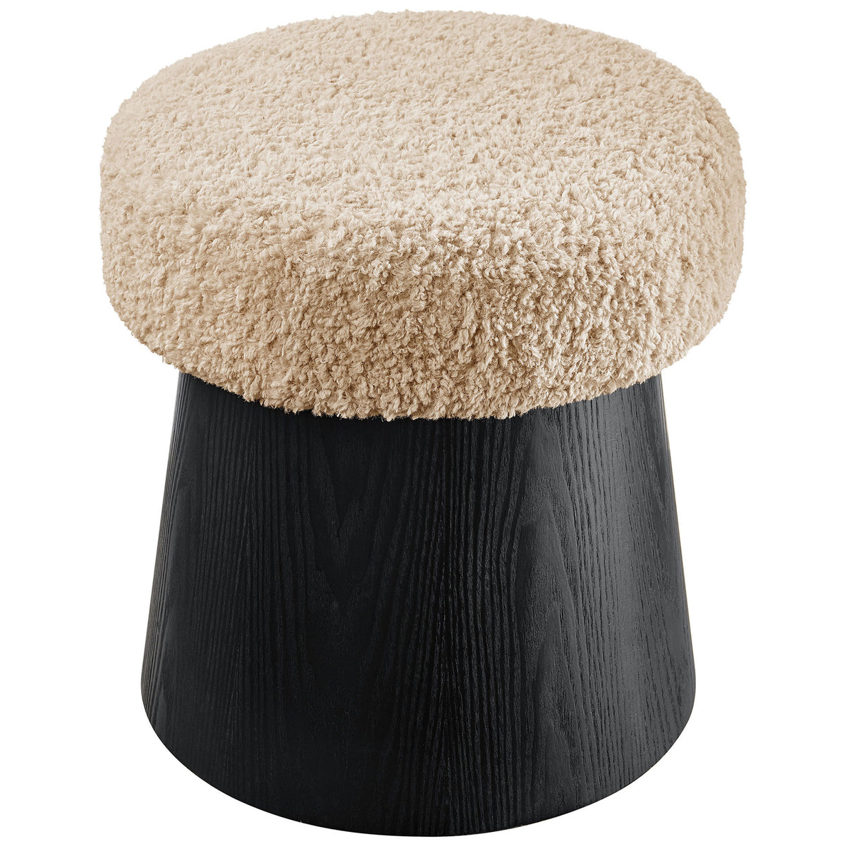 Thick textured shearling cushion crowns the compact round ottoman for cozy extra seating || EEI-7493-OAT-BLK || top_angle_studio