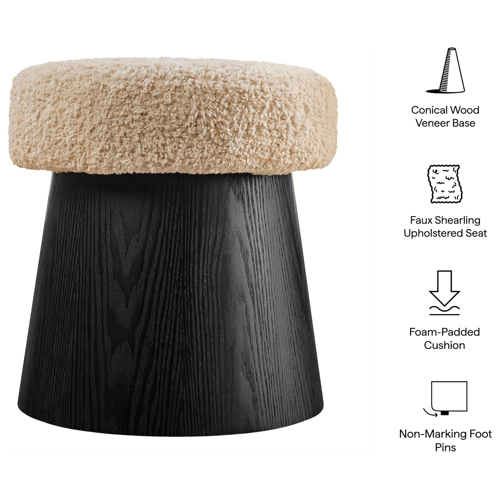 Compact round ottoman showcases its faux shearling seat, conical wood base, and protective foot pins || EEI-7493-OAT-BLK || callout_studio
