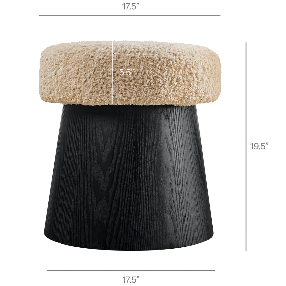 Illustrated dimensions highlight the ottoman's generous seat cushion and compact footprint for versatile placement || EEI-7493-OAT-BLK || dimension_studio