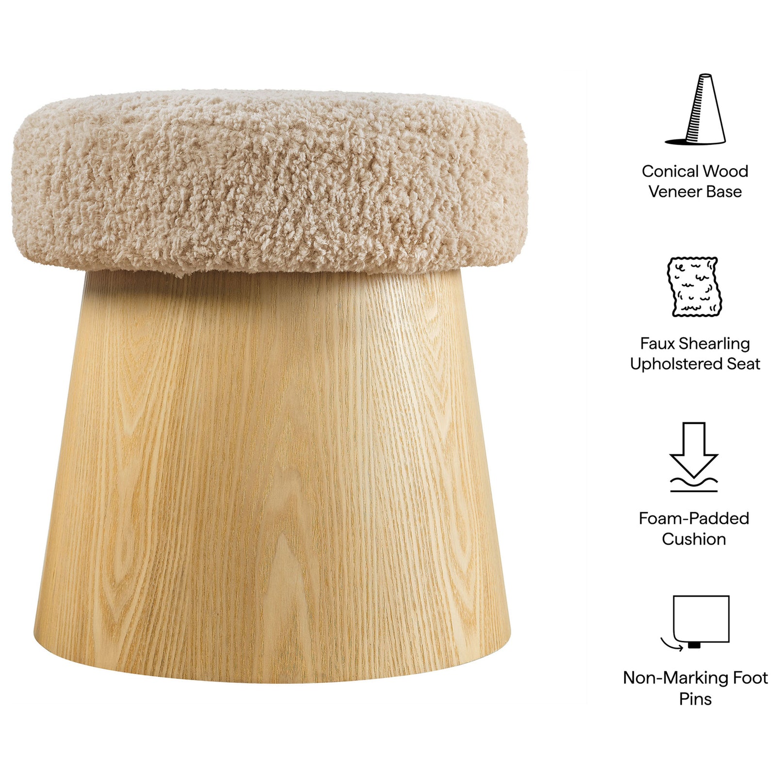 Ketra faux shearling ottoman with oak veneer base and icons highlighting cushion and non marking pins || EEI-7493-OAT-OAK || callout_studio
