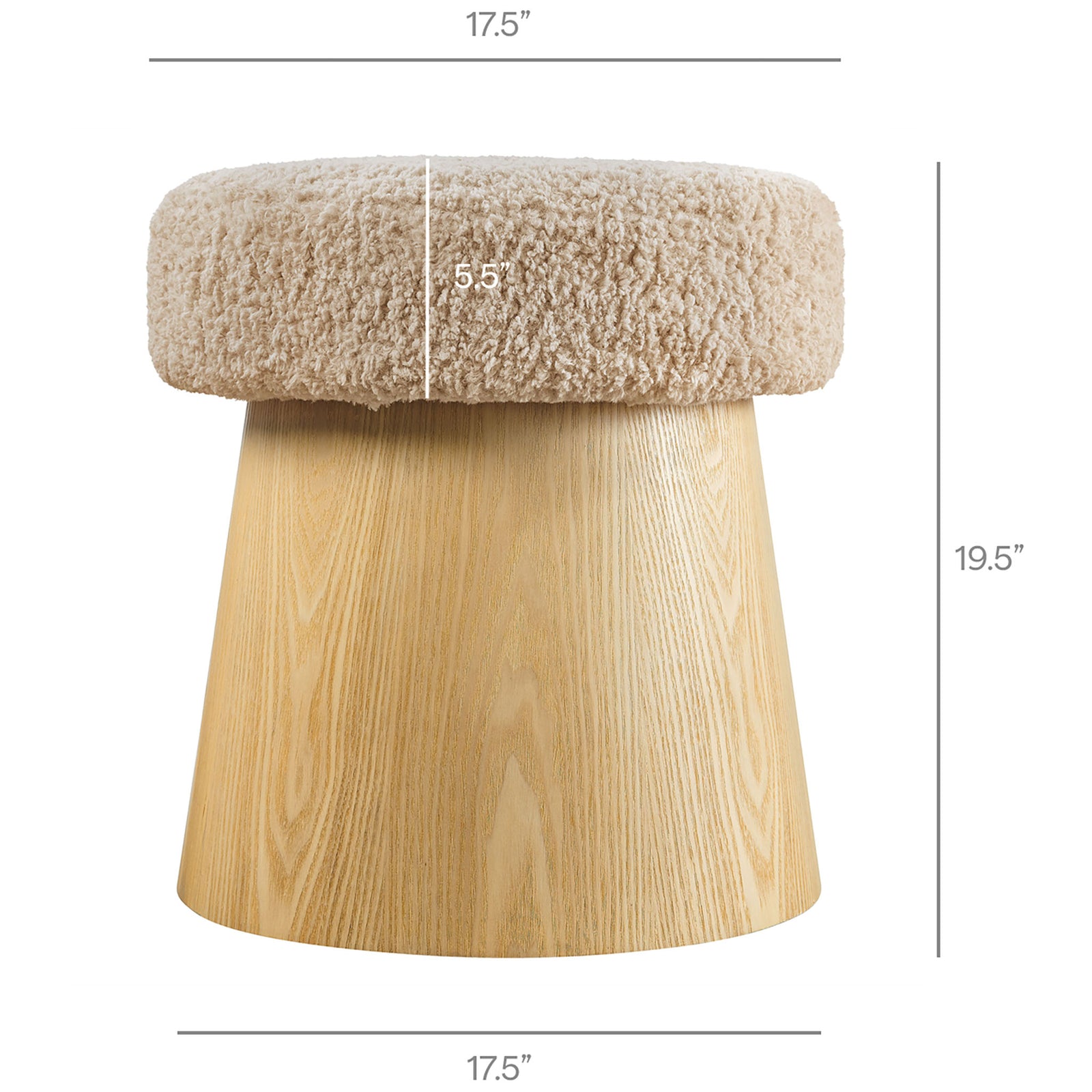 Ketra faux shearling ottoman shown with overall dimensions and seat thickness measurements in inches || EEI-7493-OAT-OAK || dimension_studio