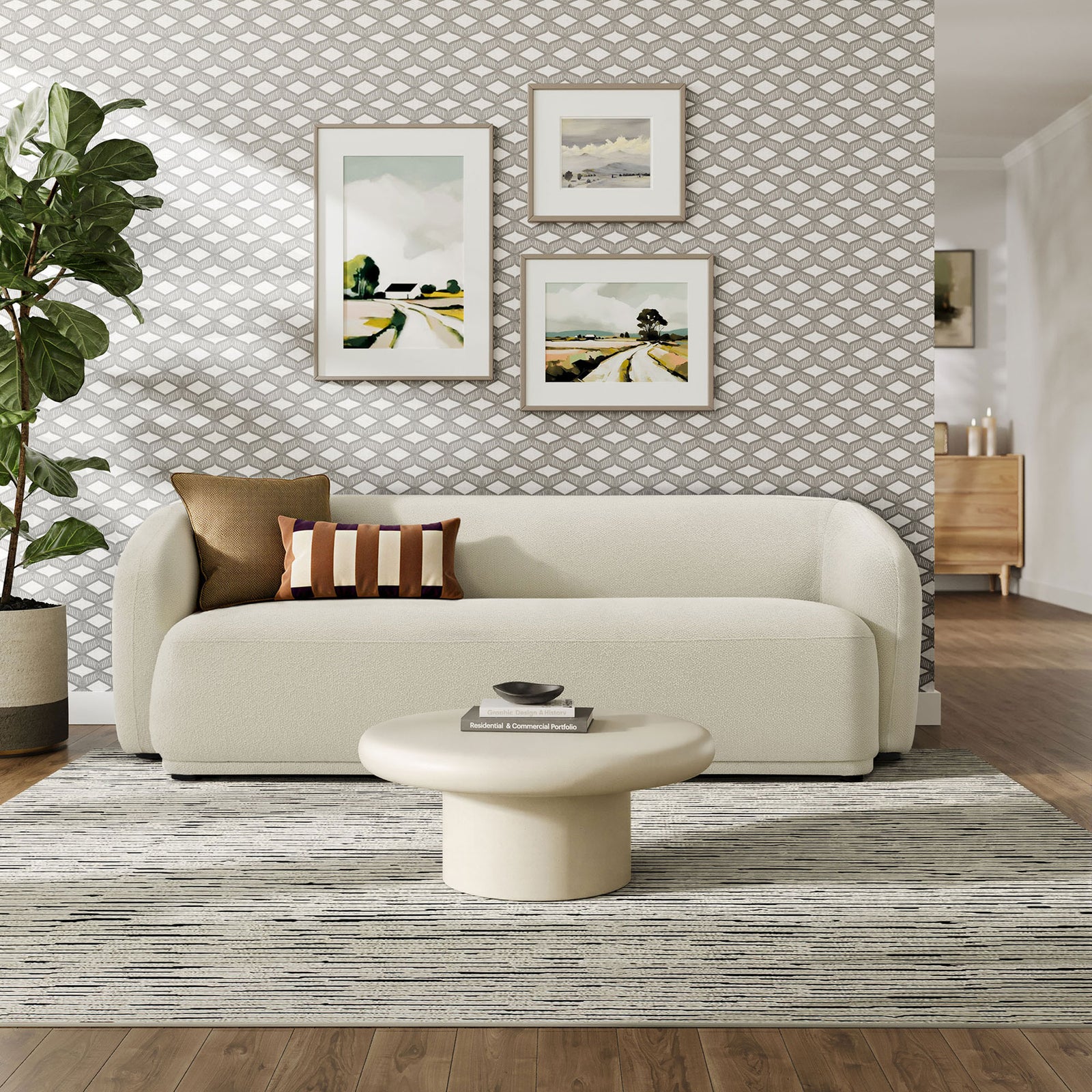 Cream boucle sofa styled with modern art, rug, and accent table for a warm, inviting living room || EEI-7501-CRE || front_room