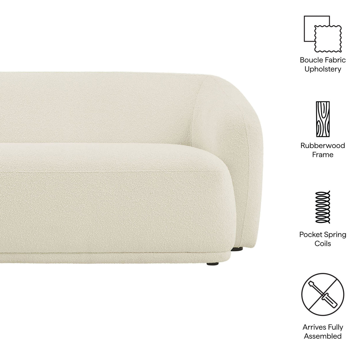 Feature callouts highlight boucle fabric, rubberwood frame, pocket coils, and fully assembled design || EEI-7501-CRE || callout_studio