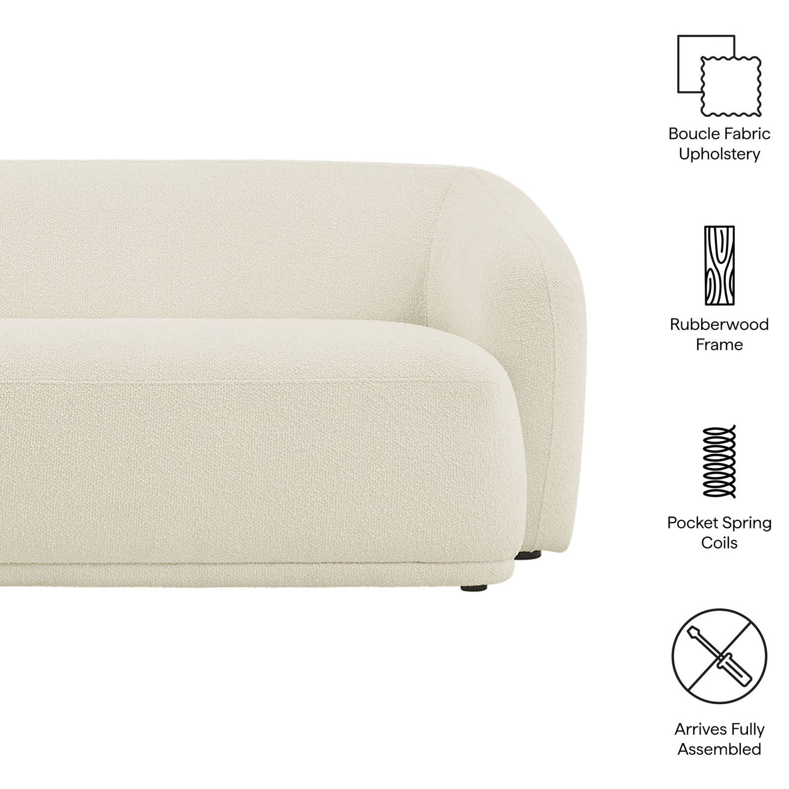Feature callouts highlight boucle fabric, rubberwood frame, pocket coils, and fully assembled design || EEI-7501-CRE || callout_studio