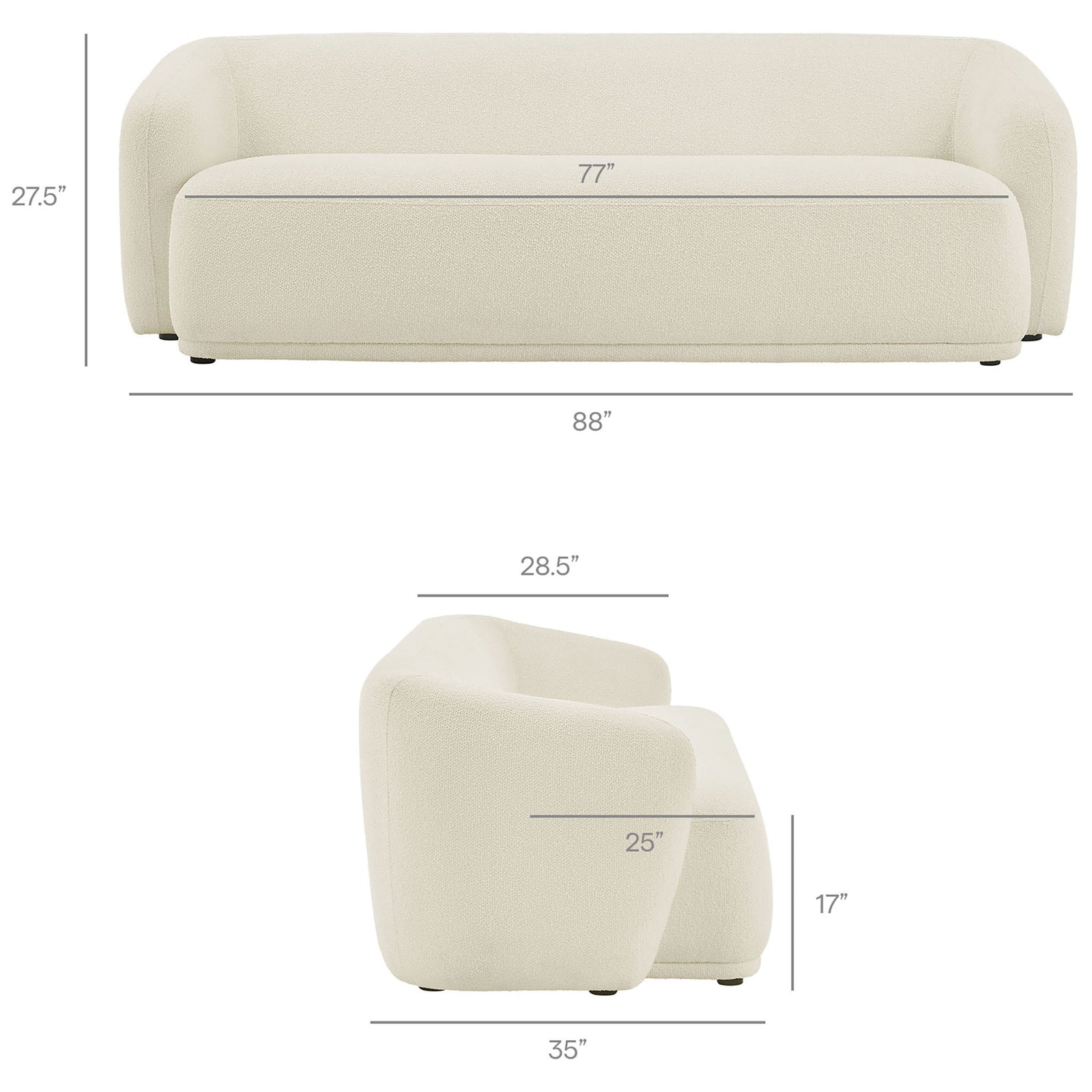 Dimension details for the Monica 88 inch cream boucle sofa including width, depth, and seat height || EEI-7501-CRE || dimension_studio